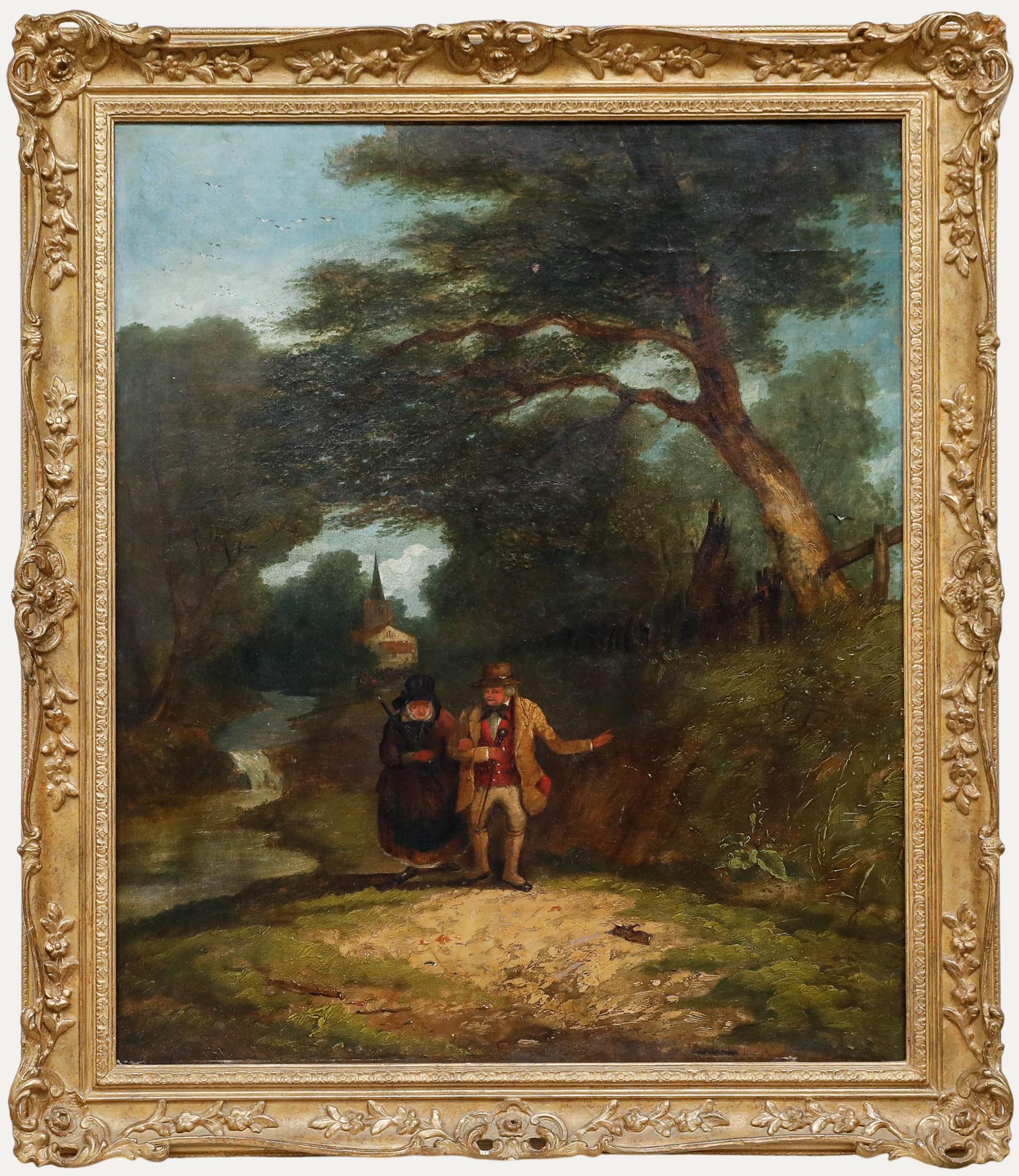 Unknown Landscape Painting – Öl aus der Mitte des 19. Jahrhunderts - Rückkehr vom Morgengottesdienst