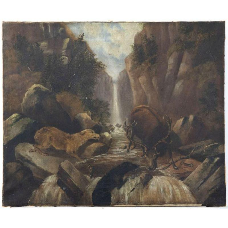 Mid 19th Century Oil - Stag Hunt in the Falls - Painting by Unknown
