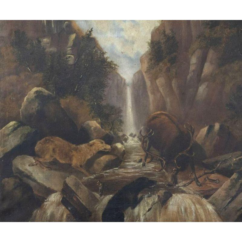 Unknown Landscape Painting - Mid 19th Century Oil - Stag Hunt in the Falls