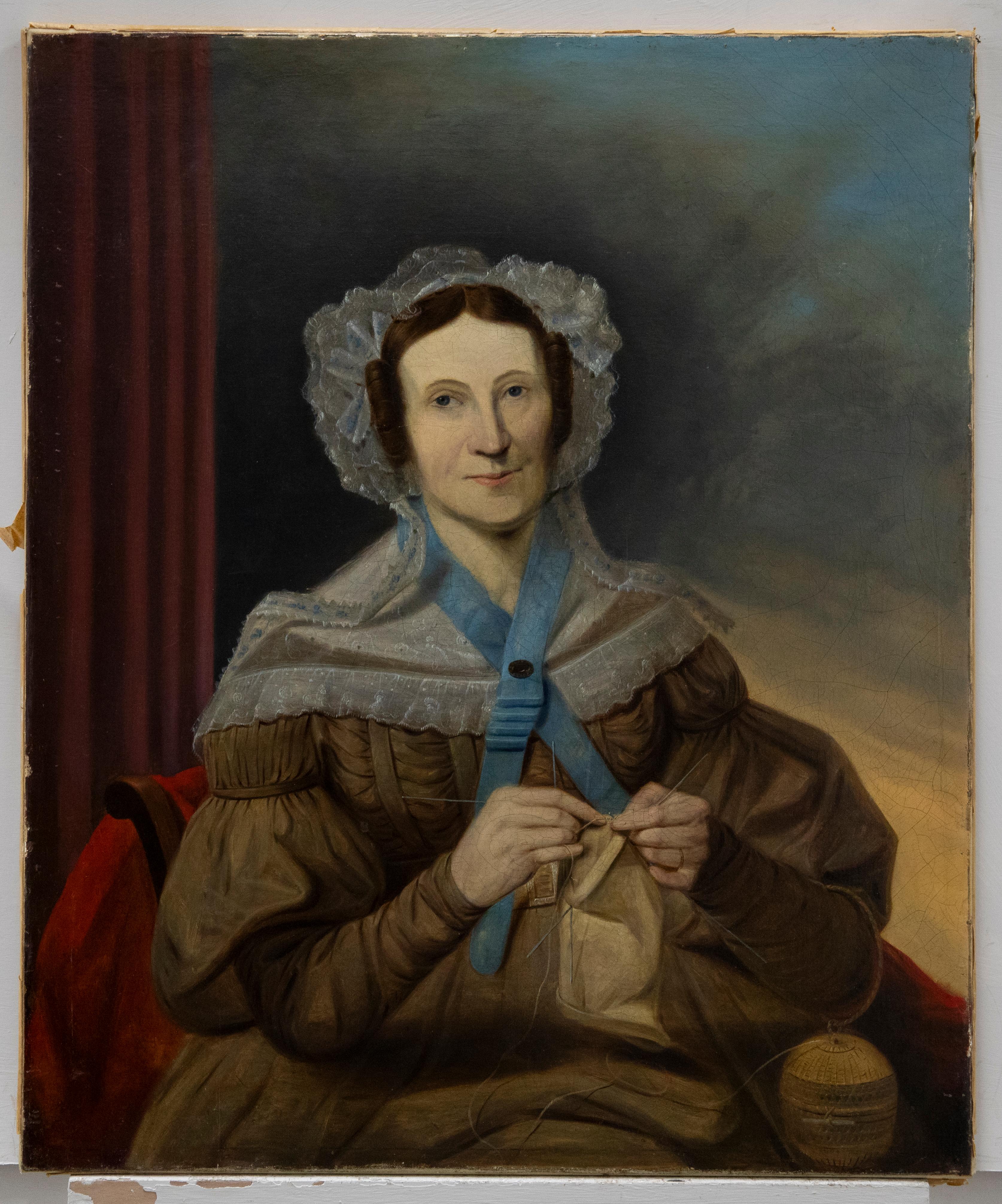 Unknown Portrait Painting - Mid 19th Century Oil - The Stocking Knitter