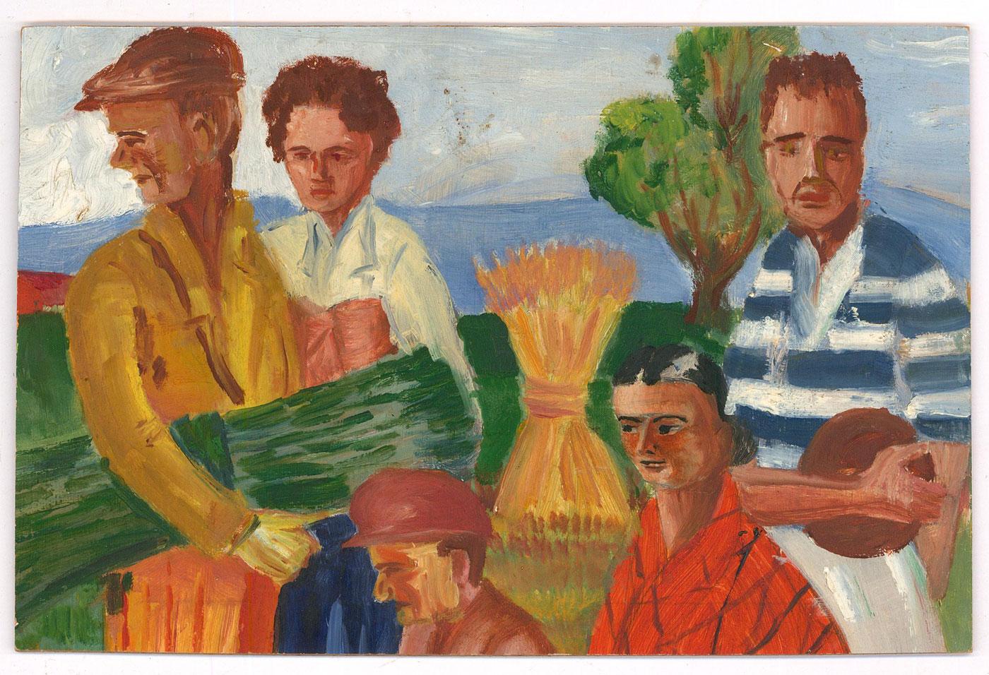 A thoroughly charming and vibrant Mid Century oil, showing a croup of figures from different walks of rural village life. A woman in a red shawl stands in front of a football player holding an old fashioned brown leather ball. A group of men stand