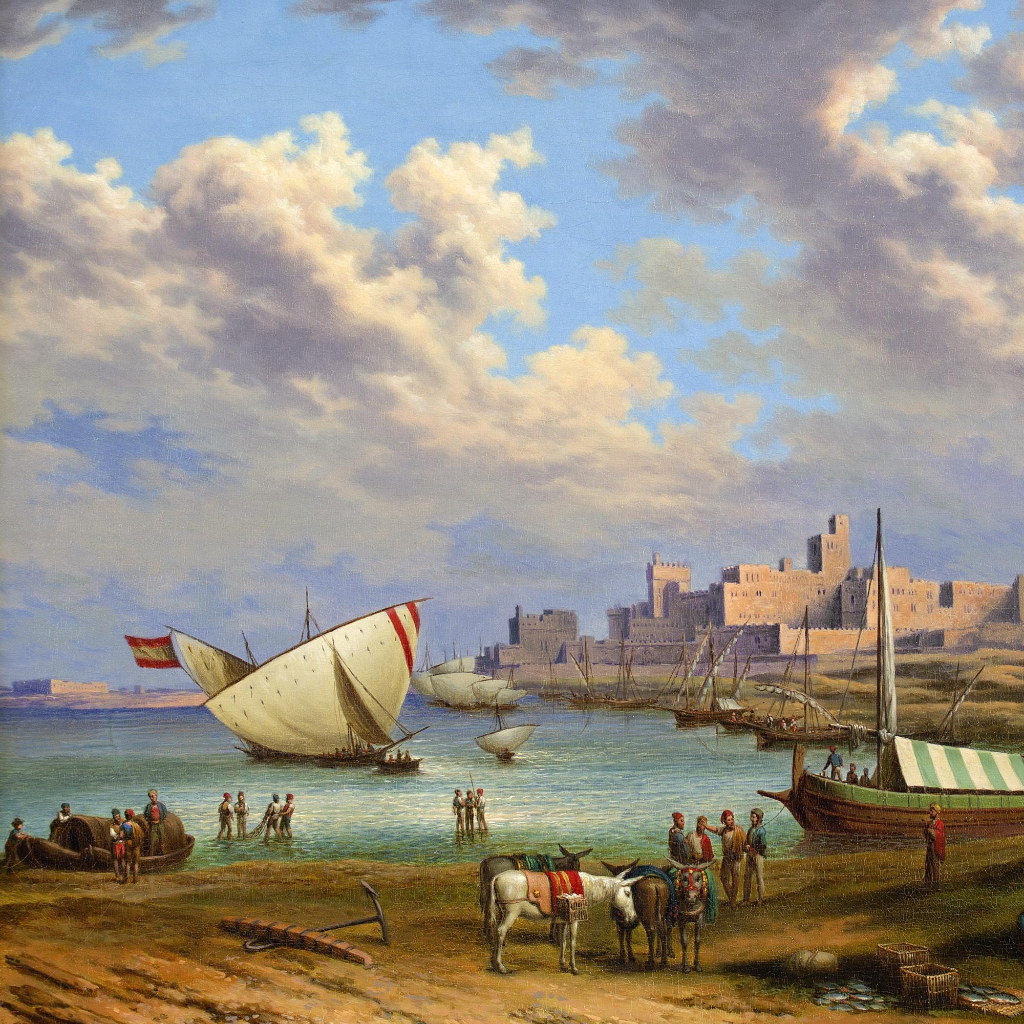 This mid-19th-century oil painting depicts the sun-drenched port of Tarifa in southern Spain. It’s after an engraving by Scottish artist David Roberts RA (1796-1864).

Under a vivid Mediterranean sky abundant with passing clouds, sailors rest and