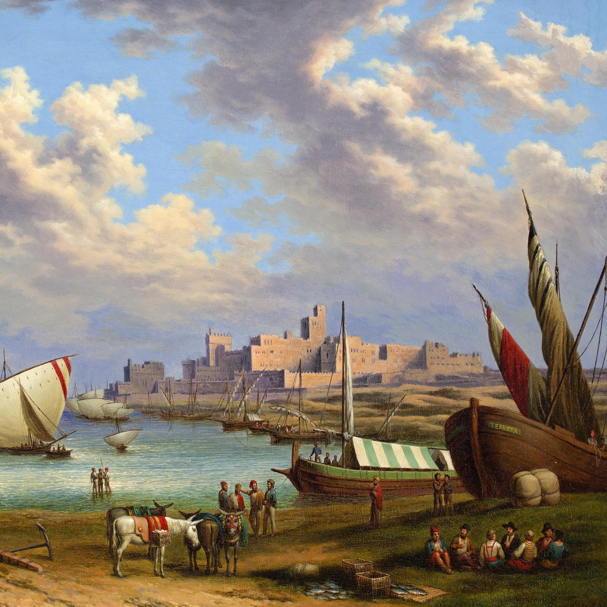 Mid-19th-Century, Port Of Tarifa, Spain, Oil Painting  1