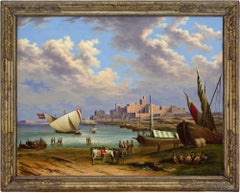 Mid-19th-Century, Port Of Tarifa, Spain, Oil Painting 