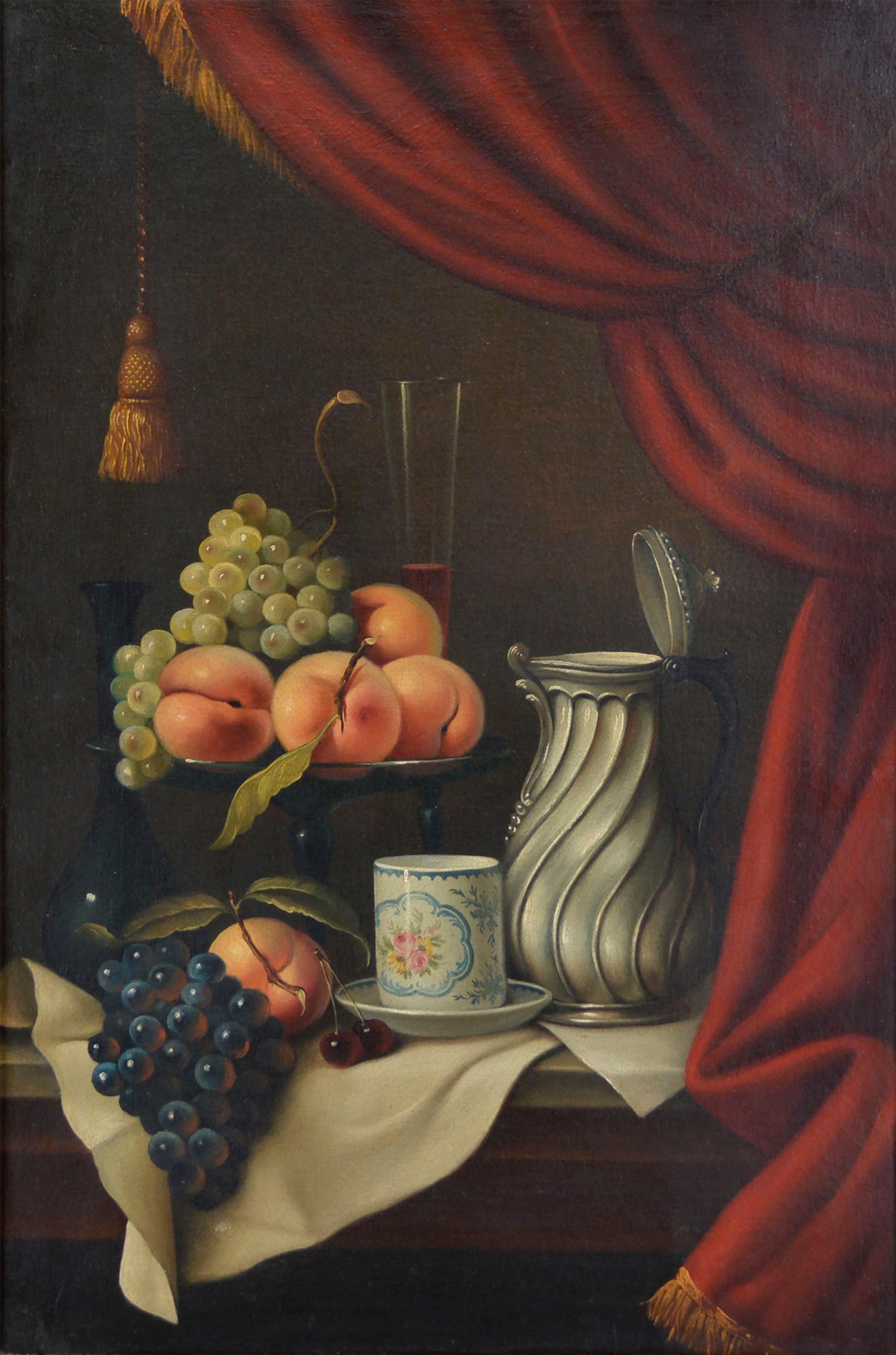 Mid 19th Century Realist Fruit & Silver Pitcher Still-Life with Red Curtain  - Painting by Unknown