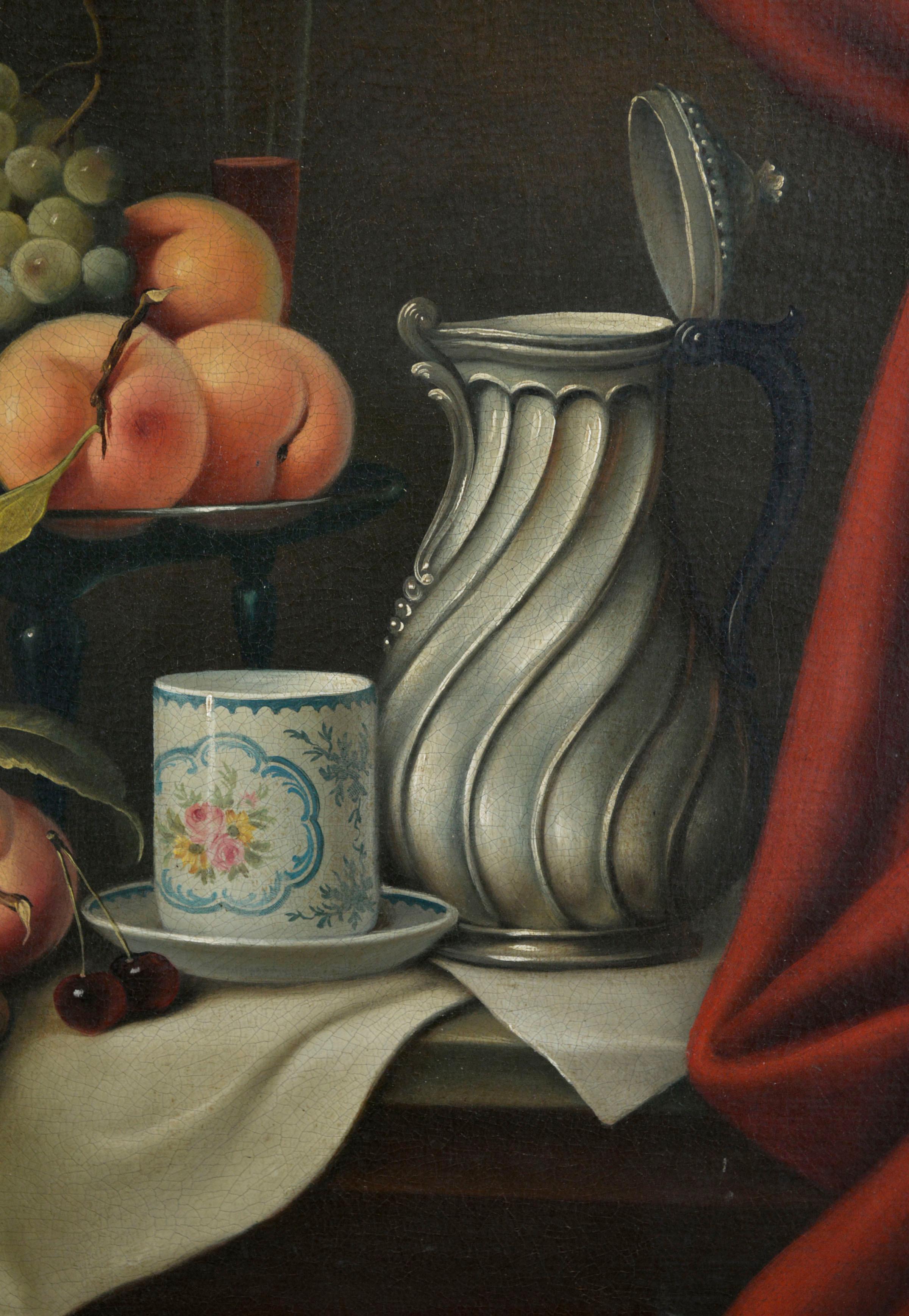 Mid 19th Century Realist Fruit & Silver Pitcher Still-Life with Red Curtain  - Brown Interior Painting by Unknown