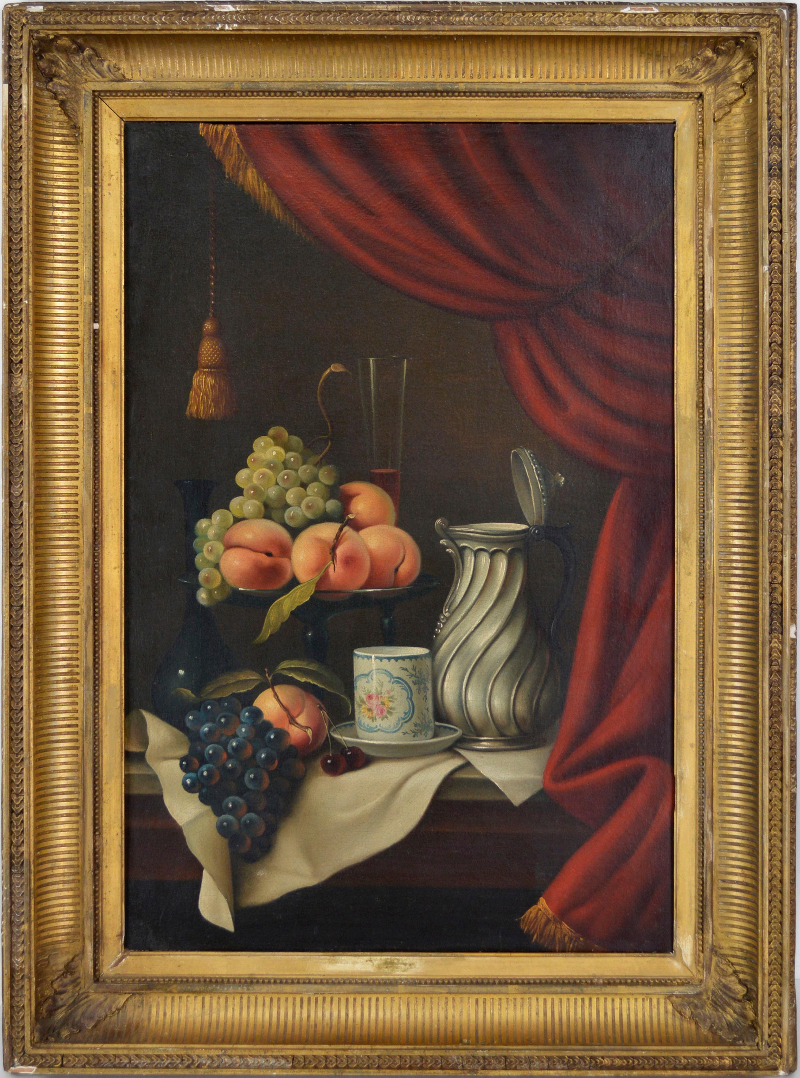 Unknown Interior Painting - Mid 19th Century Realist Fruit & Silver Pitcher Still-Life with Red Curtain 