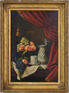 Mid 19th Century Realist Fruit & Silver Pitcher Still-Life with Red Curtain 