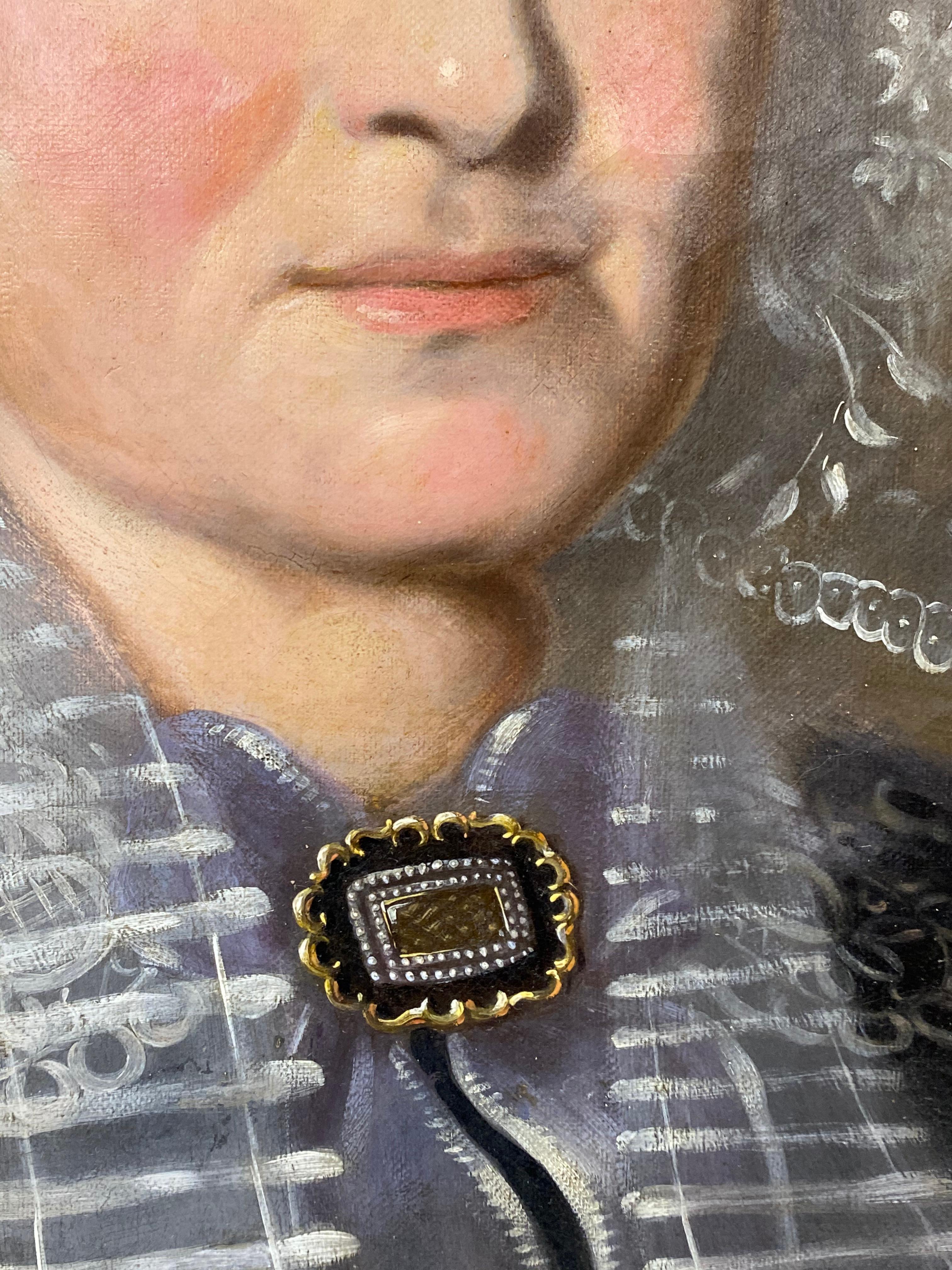 Mid 19th Century Woman in Black Dress and Lace Cap Original Oil Painting c.1840 (Femme en robe noire et bonnet de dentelle) en vente 6