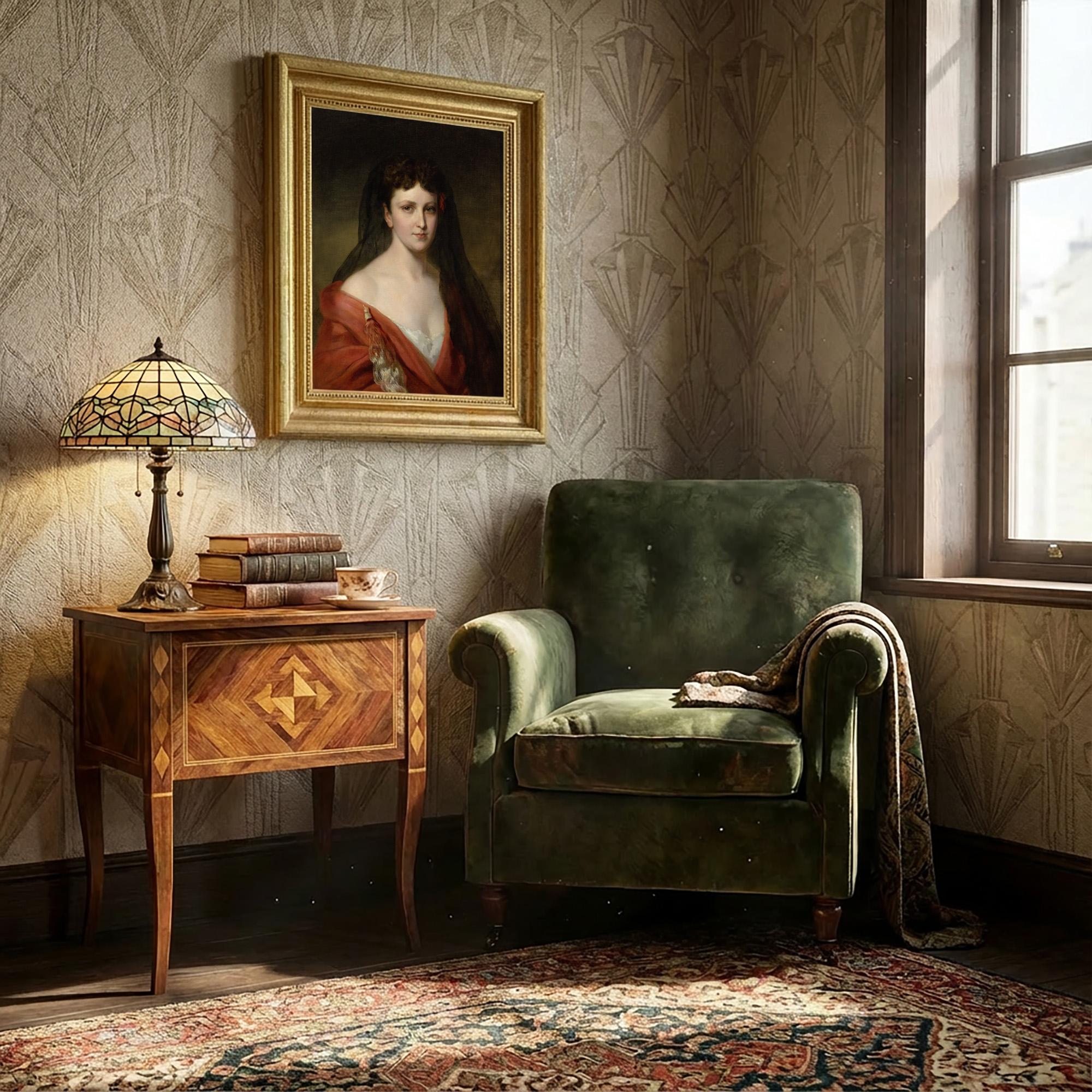 Spanish School du XIXe siècle, Portrait d'une dame en tenue espagnole - Painting de Unknown