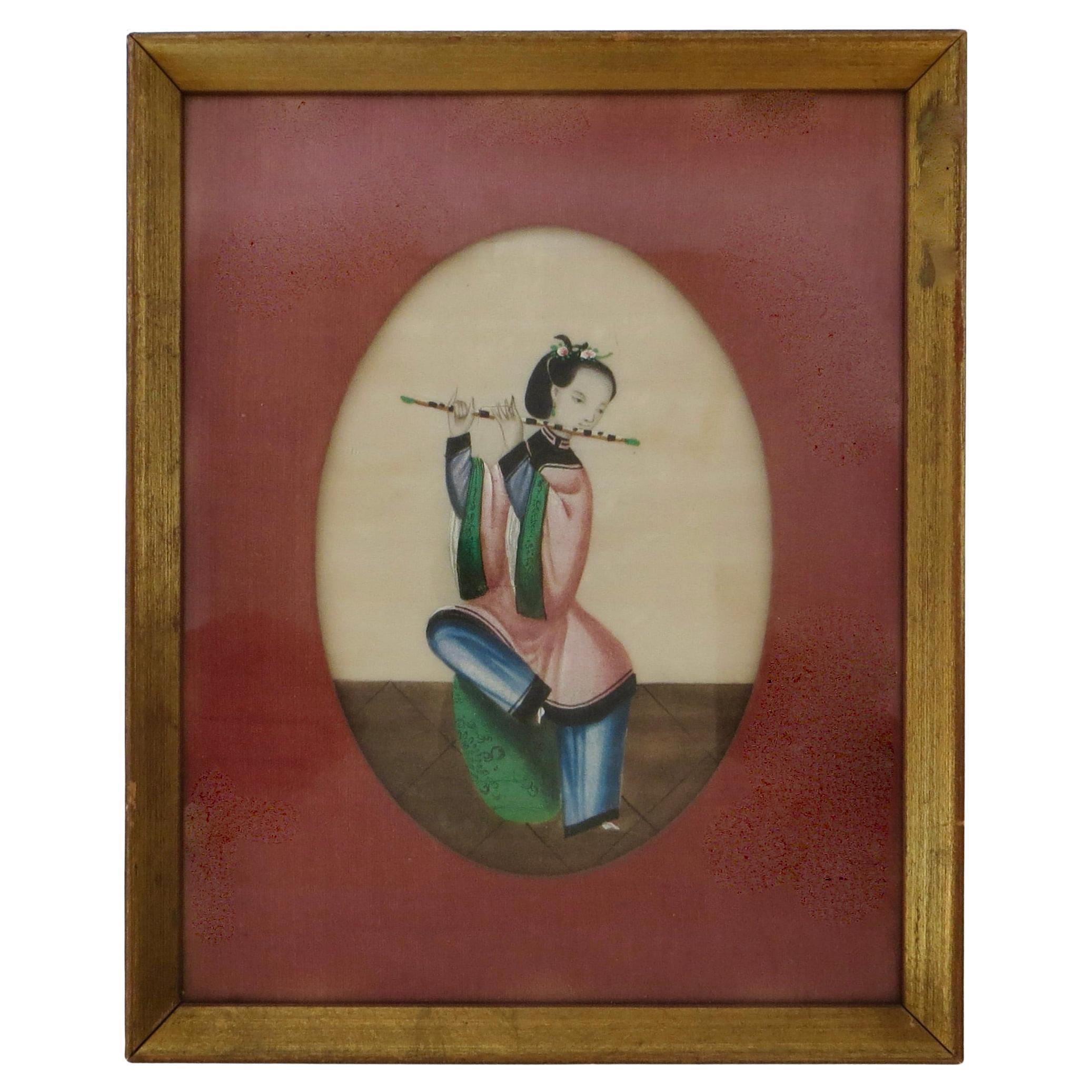 Unknown Figurative Painting - Mid 19thC. Chinese Pith Painting of A Female Flautist Framed; Oval Matte C. 1850
