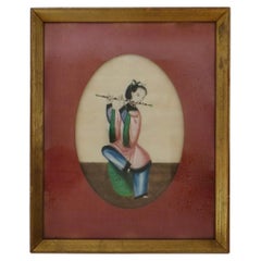 Mid 19thC. Chinese Pith Painting of A Female Flautist Framed; Oval Matte C. 1850