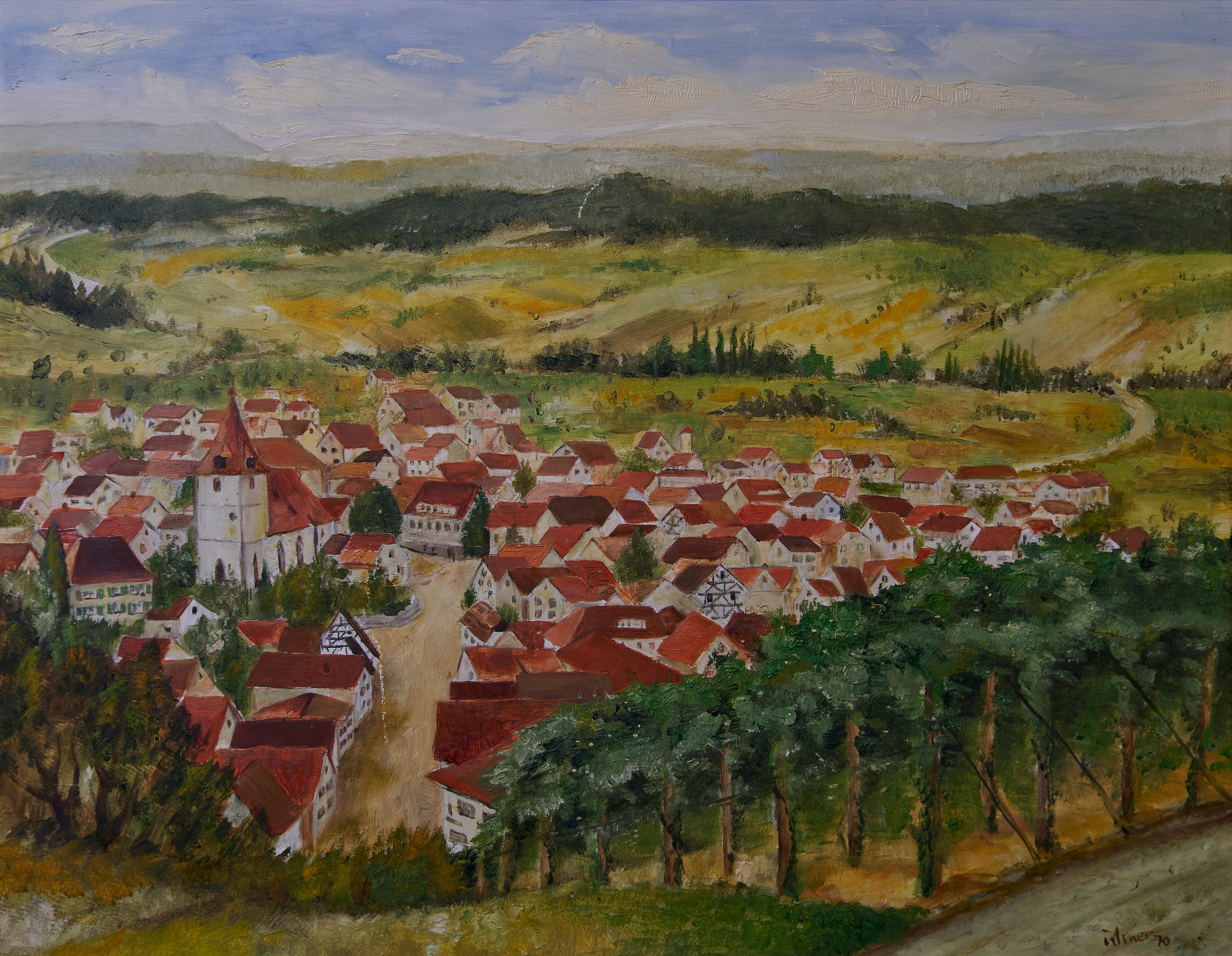 A.C.I.C. peinture à l'huile d'une scène de village européenne du milieu du 20e siècle - Painting de Unknown