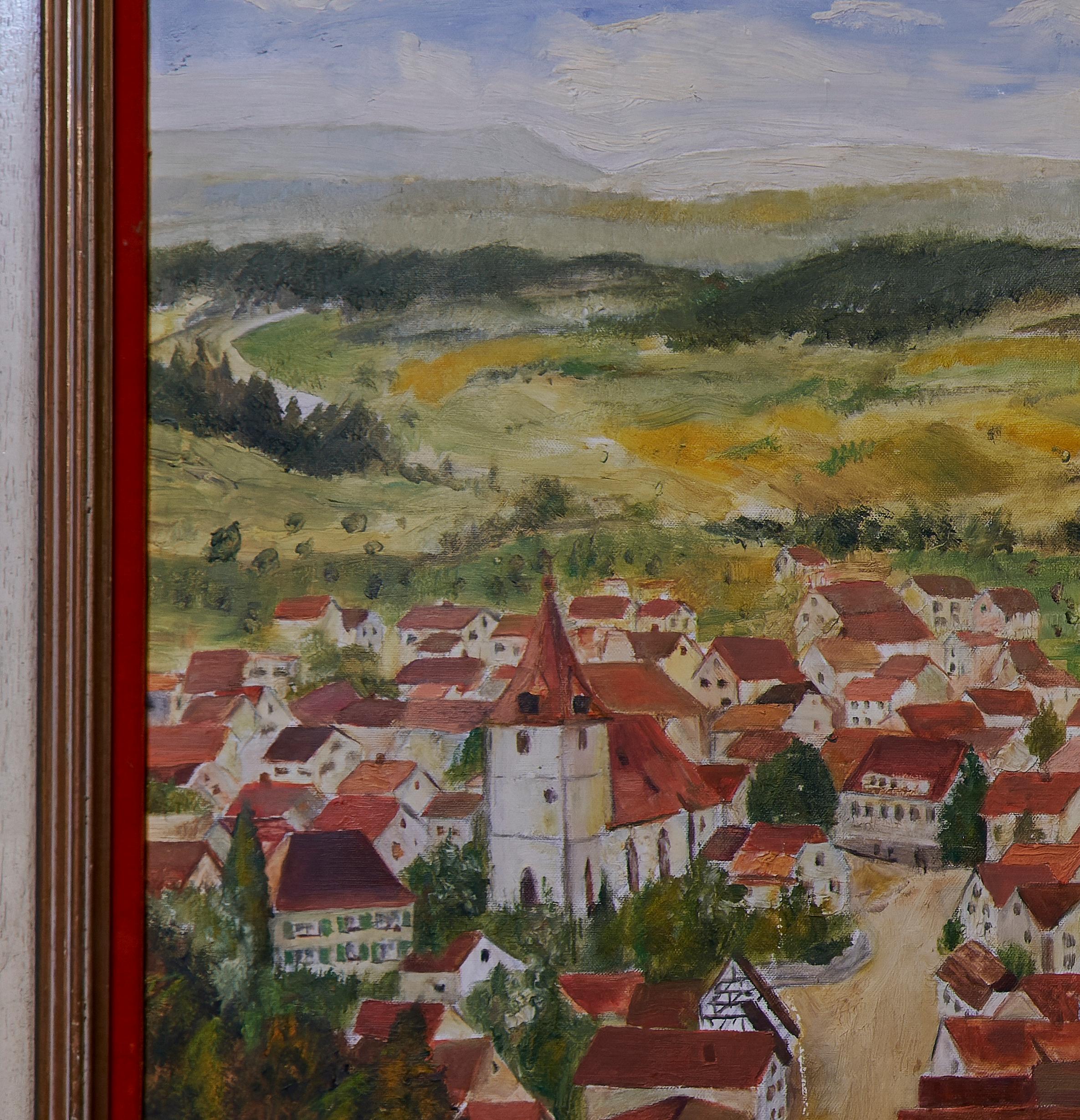 A.I.C.C. Scène de village européenne du milieu du 20e siècle

Huile sur toile 

Signé et daté en bas à droite

1970

23.5