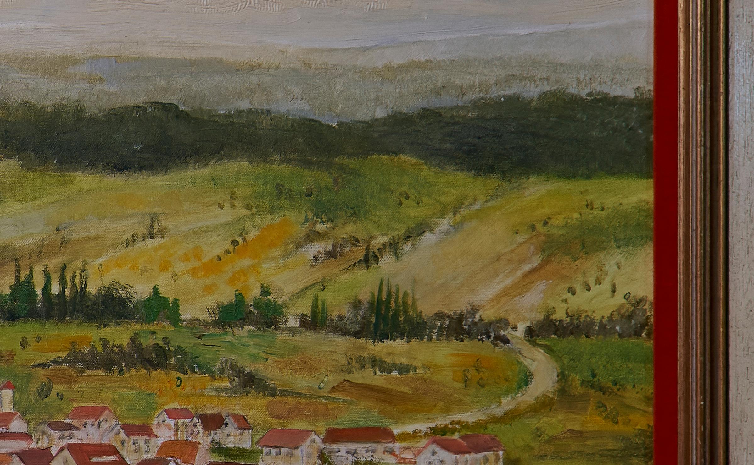 A.C.I.C. peinture à l'huile d'une scène de village européenne du milieu du 20e siècle en vente 1