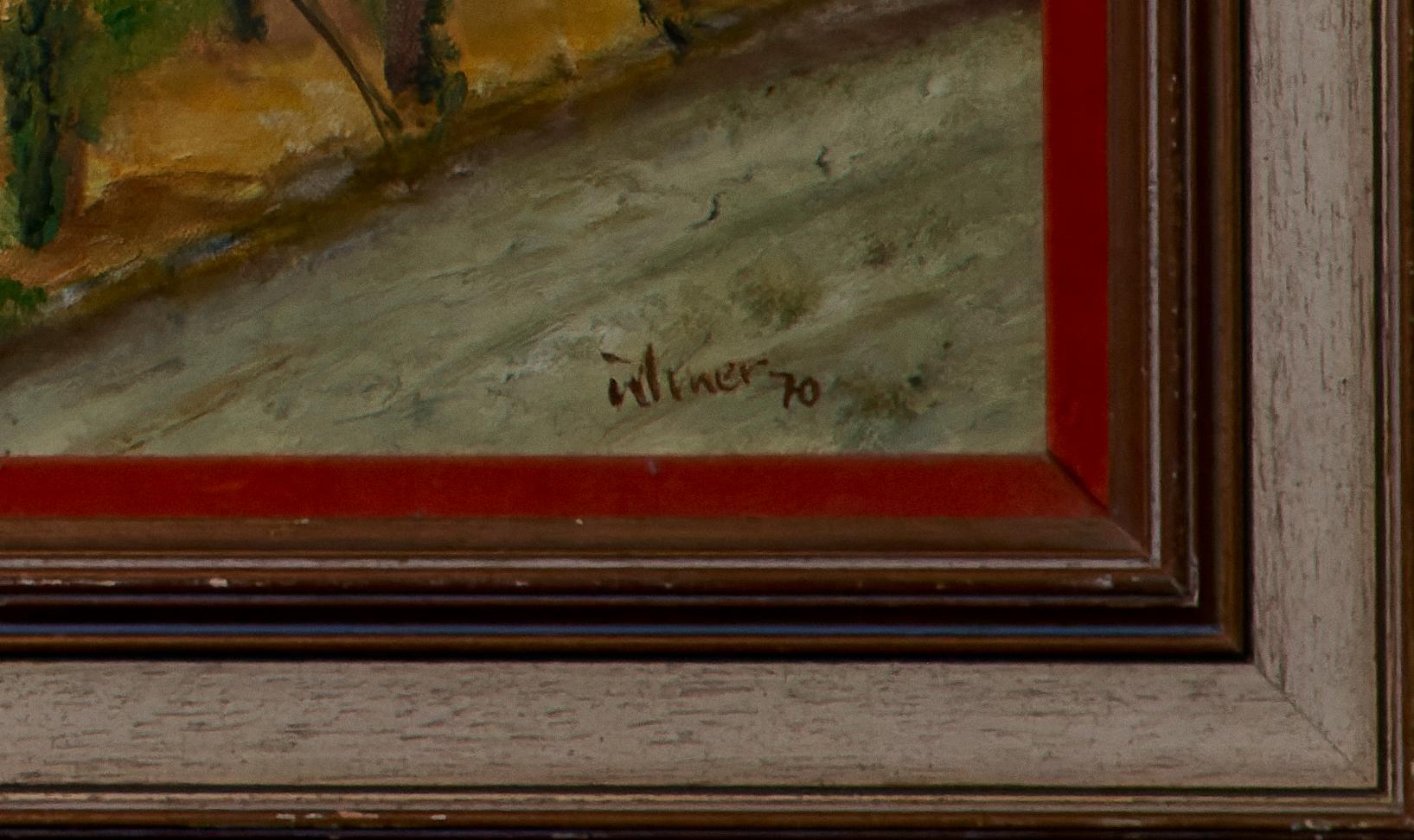 A.C.I.C. peinture à l'huile d'une scène de village européenne du milieu du 20e siècle en vente 2