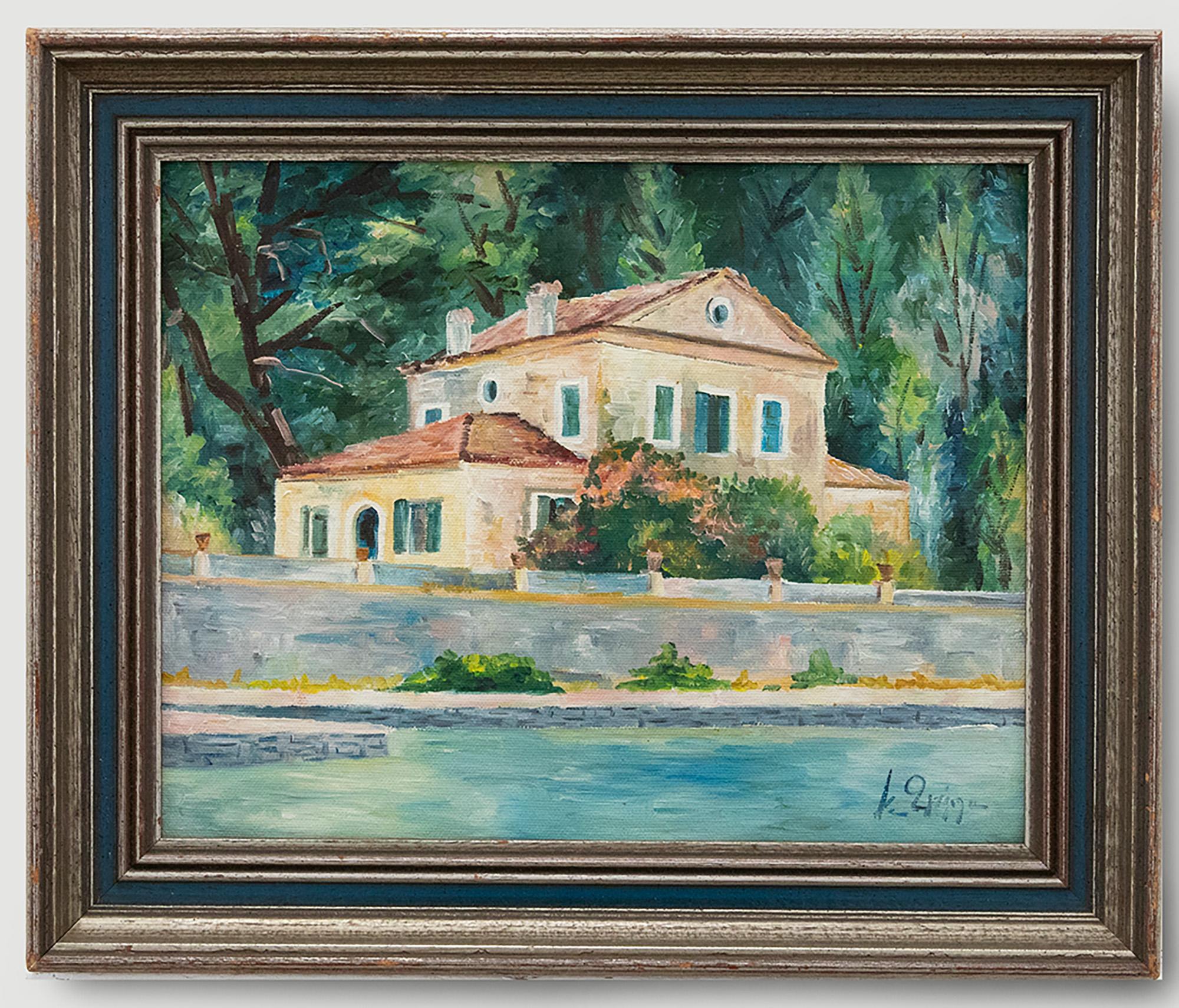 Acryl aus der Mitte des 20. Jahrhunderts – Die Villa