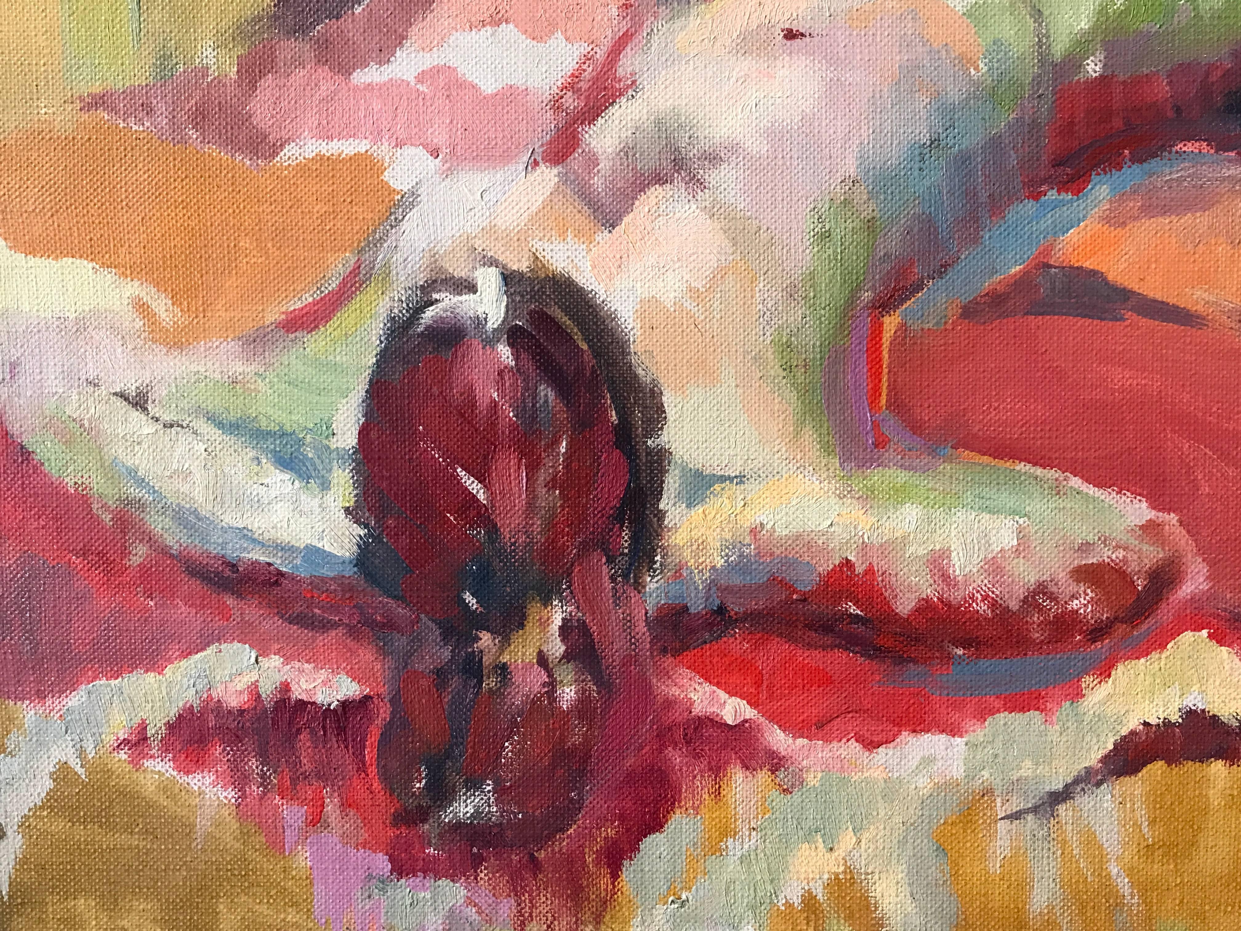 Superbly colorful mid-20th century British Impressionist oil painting on canvas, depicting this reclining nude lady. Painted with thick oil and wide, vibrant brushwork and a beautiful array of colors that immediately catch the eye and lighten any