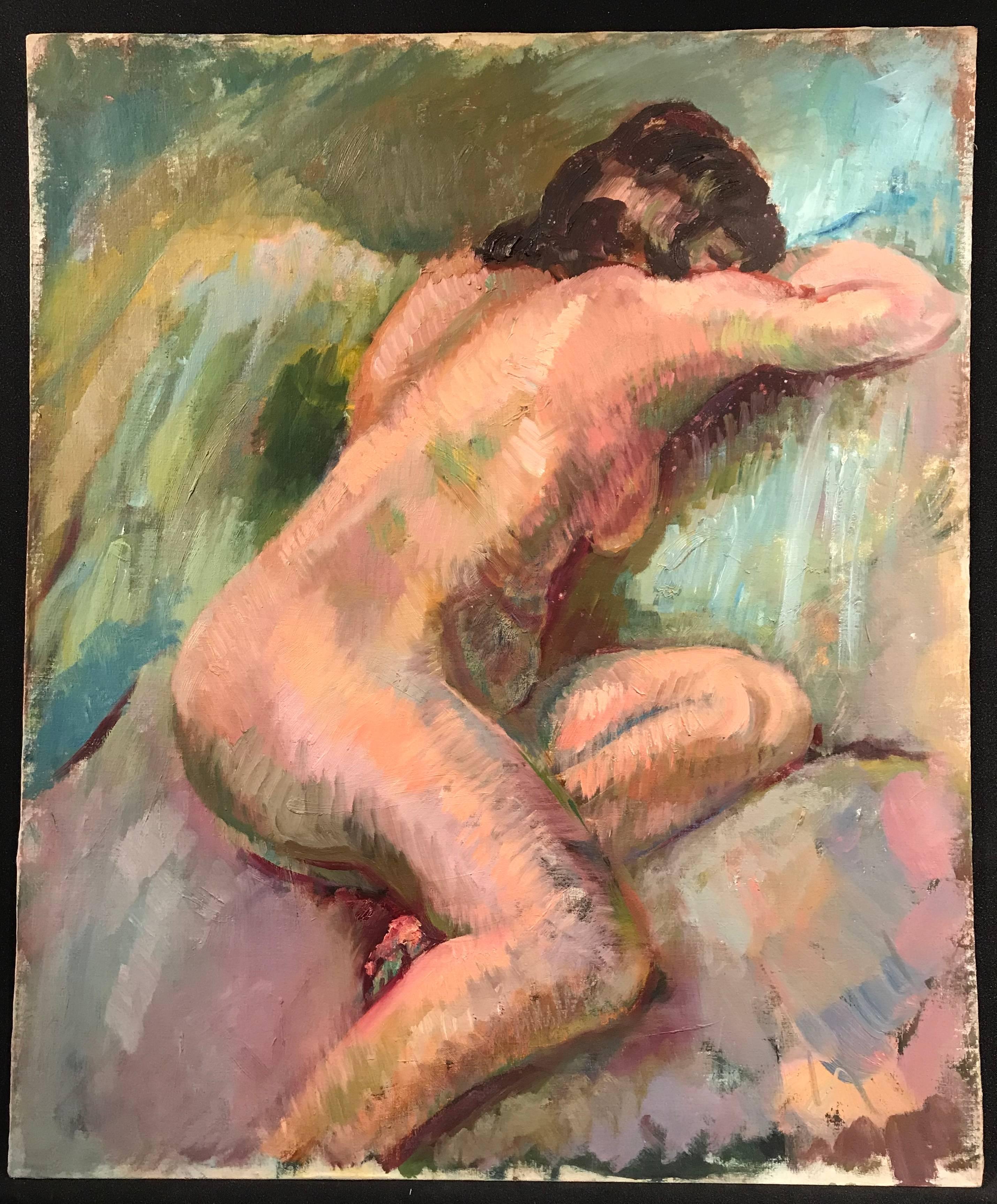 Mid 20th Century British Oil Painting The Nude Model - Brown Nude Painting by Unknown