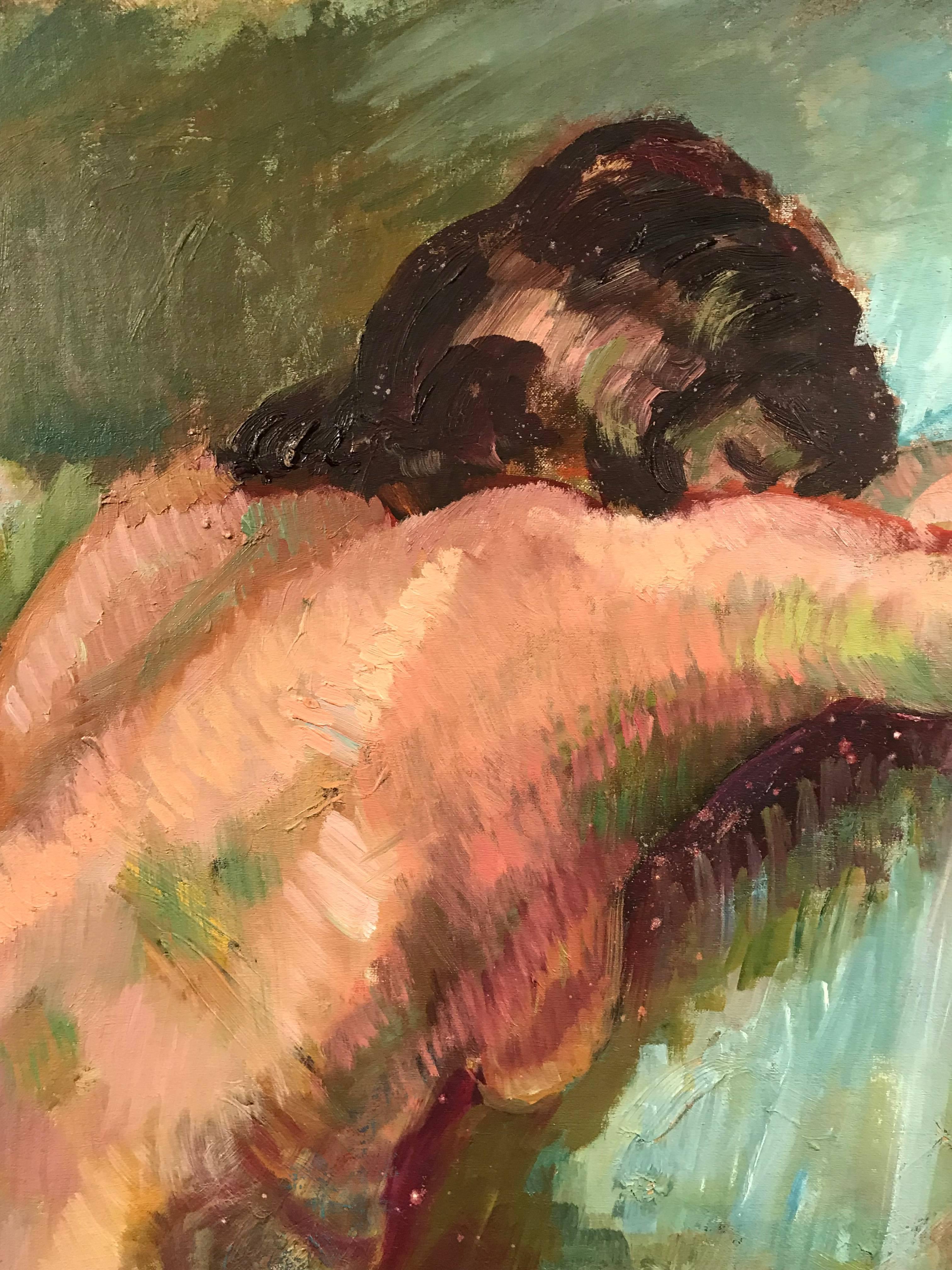 Superb Post-Impressionist mid-20th century British oil painting on canvas (laid on board), depicting this nude lady - most likely an artists model in their studio. Painted with thick oil and wide, vibrant brushwork and a beautiful array of vivid