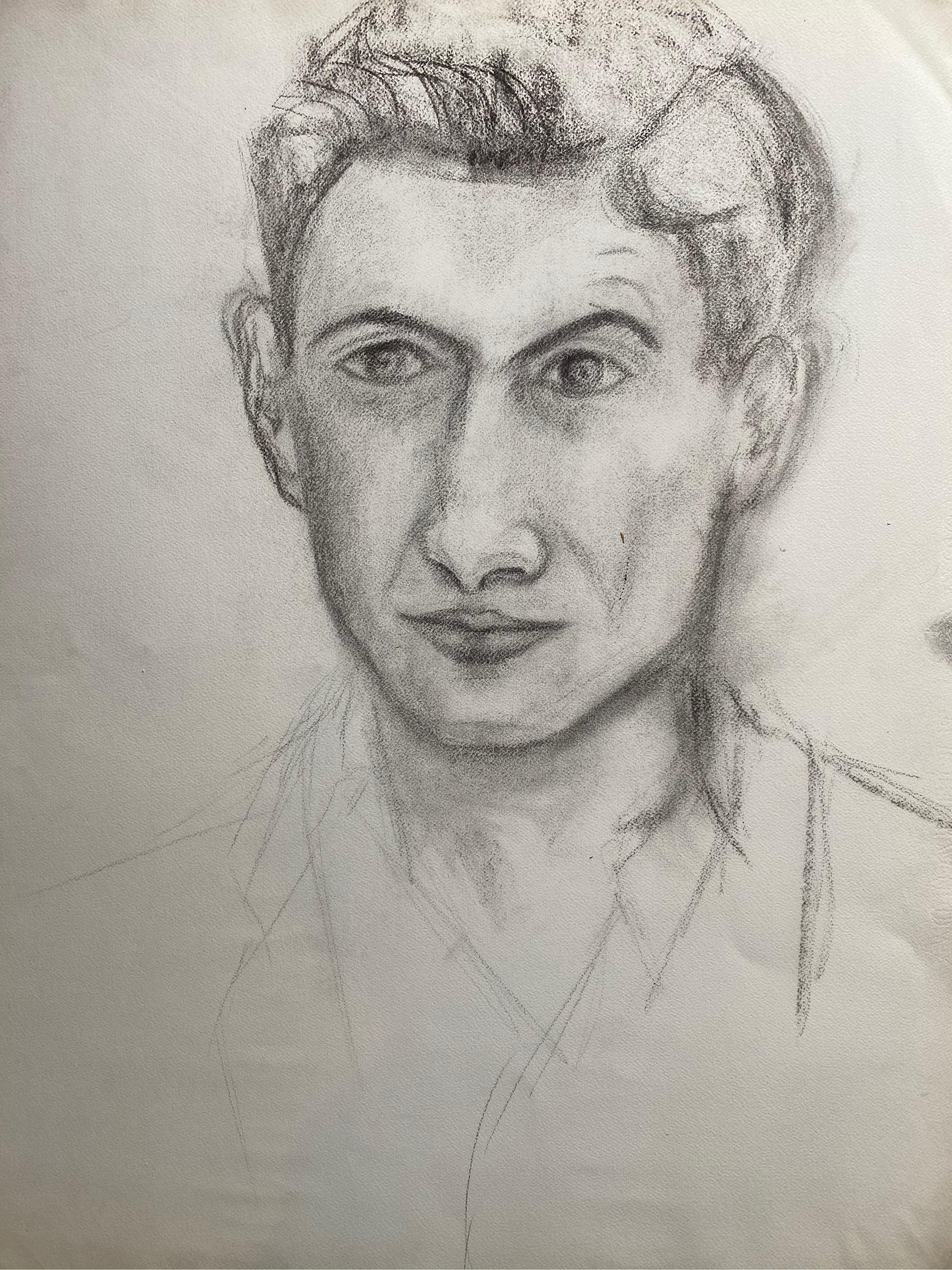 Mitte des 20. Jahrhunderts Französisch Kohlezeichnung - Porträt eines Mannes – Painting von Unknown