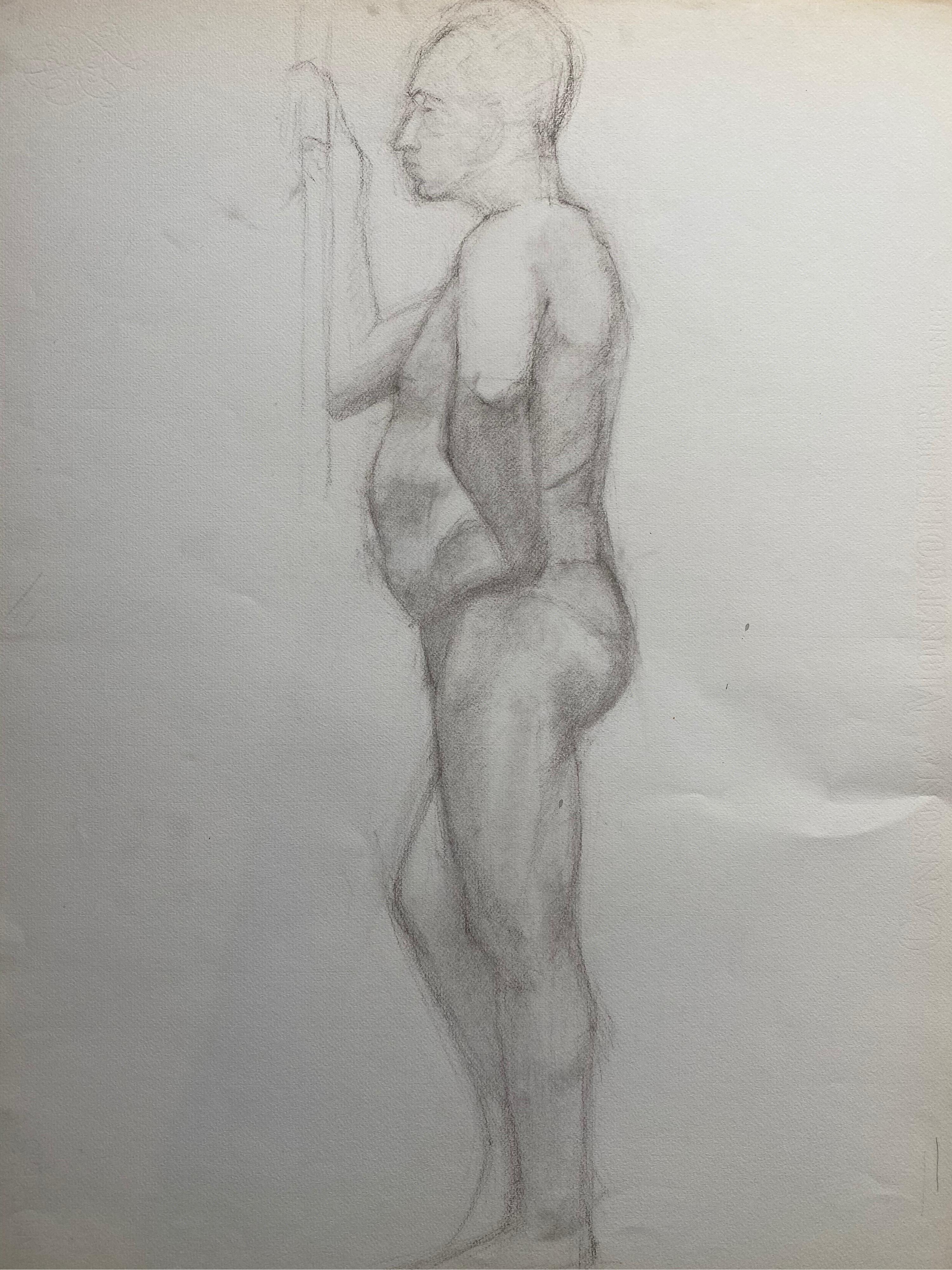 Dessin au fusain français du milieu du 20e siècle, Portrait d'un homme nu debout - Painting de Unknown