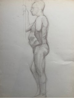 Dibujo a carboncillo francés de mediados del siglo XX, Retrato de un hombre desnudo de pie