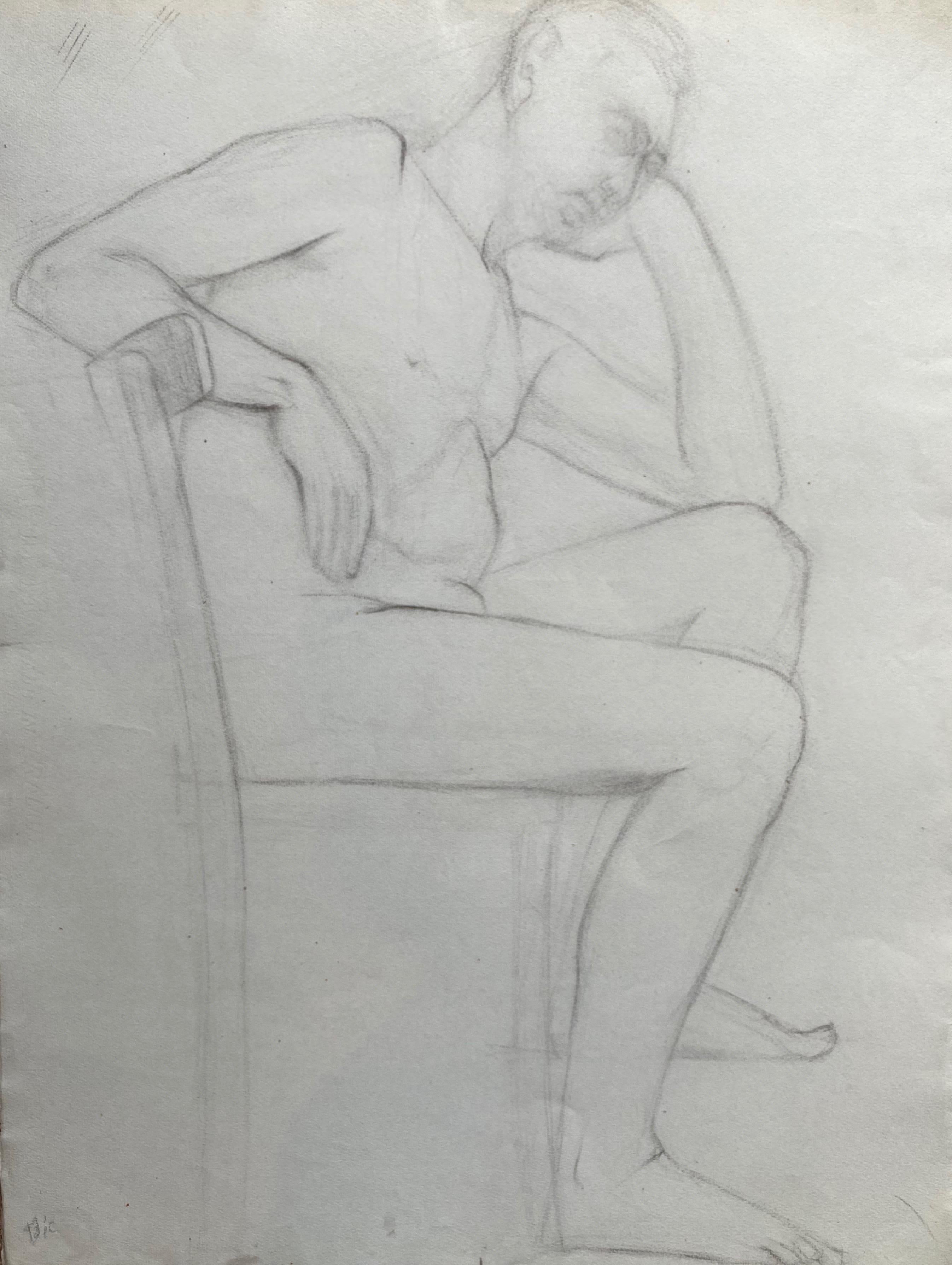 French mid 20th Century Charcoal Drawing - Portrait d'un homme nu debout - Painting de Unknown