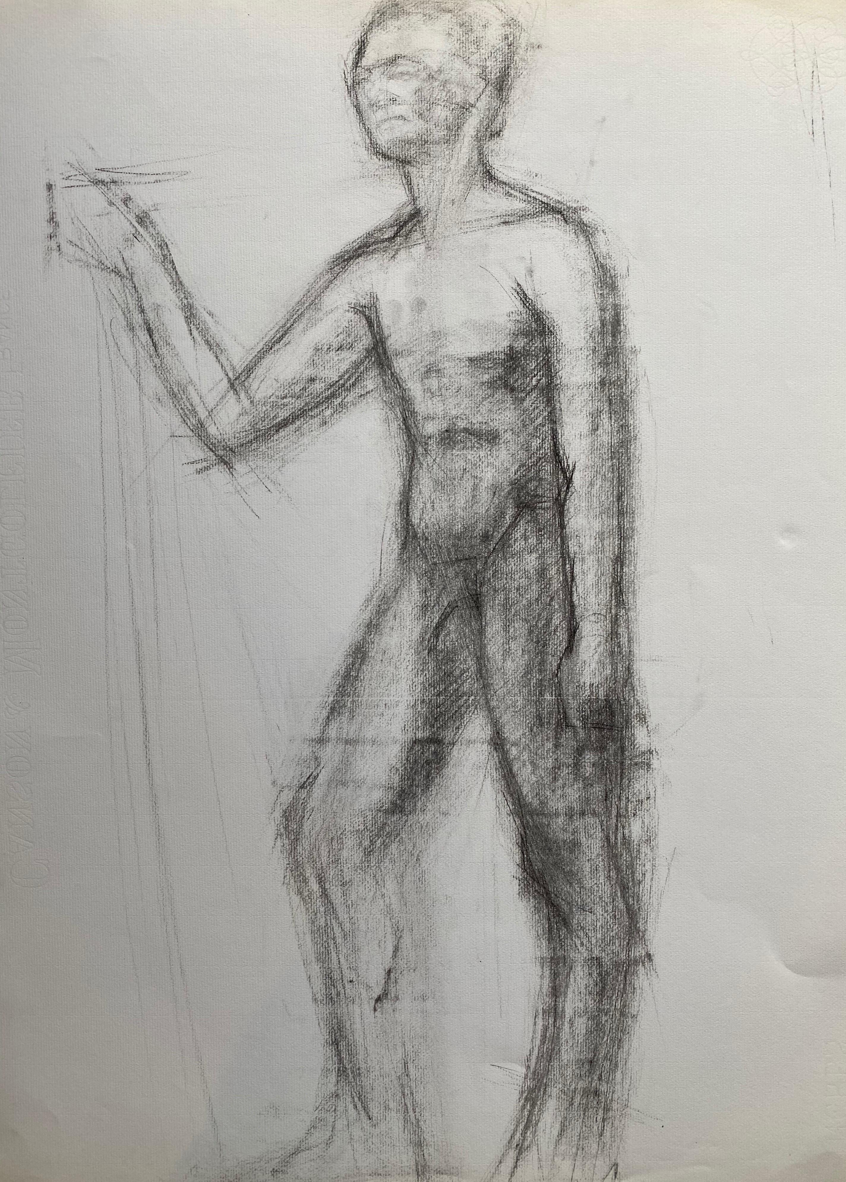 French mid 20th Century Charcoal Drawing - Portrait d'un homme nu debout - Painting de Unknown