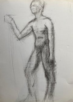 Mitte des 20. Jahrhunderts Französisch Kohlezeichnung - Porträt eines stehenden nackten Mannes