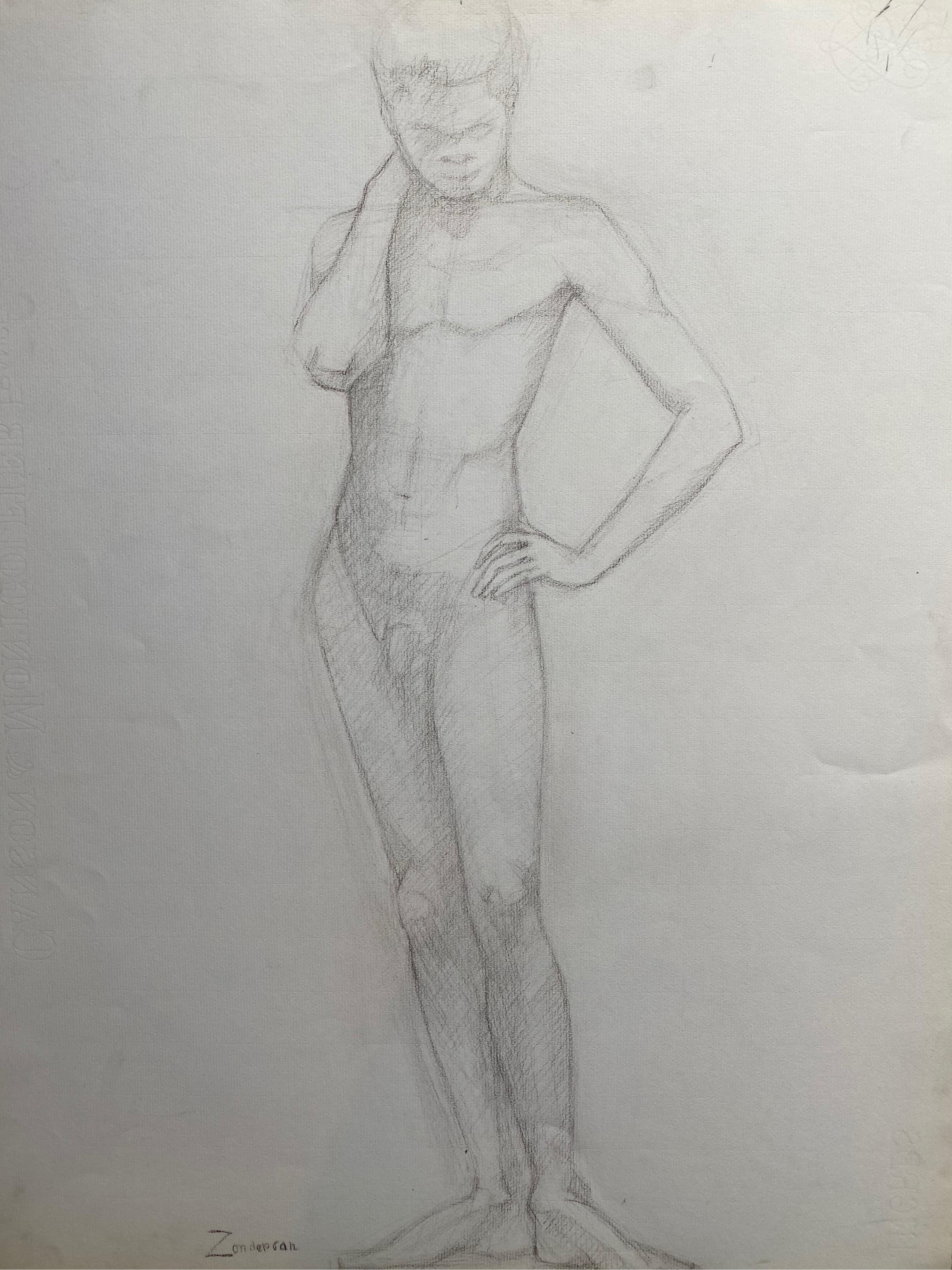 Dessin au fusain français du milieu du 20e siècle, Portrait d'un homme nu debout - Painting de Unknown