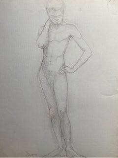 Dibujo a carboncillo francés de mediados del siglo XX, Retrato de un hombre desnudo de pie