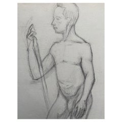French mid 20th Century Charcoal Drawing - Portrait d'un homme nu debout