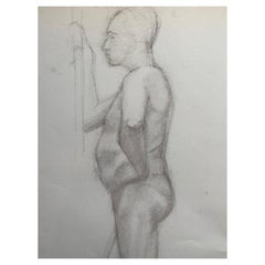 Dessin au fusain français du milieu du 20e siècle, Portrait d'un homme nu debout