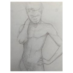 Dessin au fusain français du milieu du 20e siècle, Portrait d'un homme nu debout