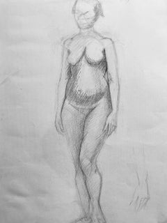 Dibujo a carboncillo francés de mediados del siglo XX, Retrato de mujer desnuda de pie