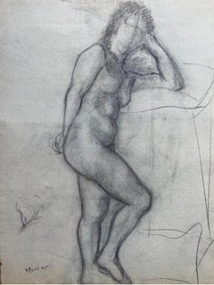 Dibujo a carboncillo francés de mediados del siglo XX, Retrato de mujer desnuda de pie