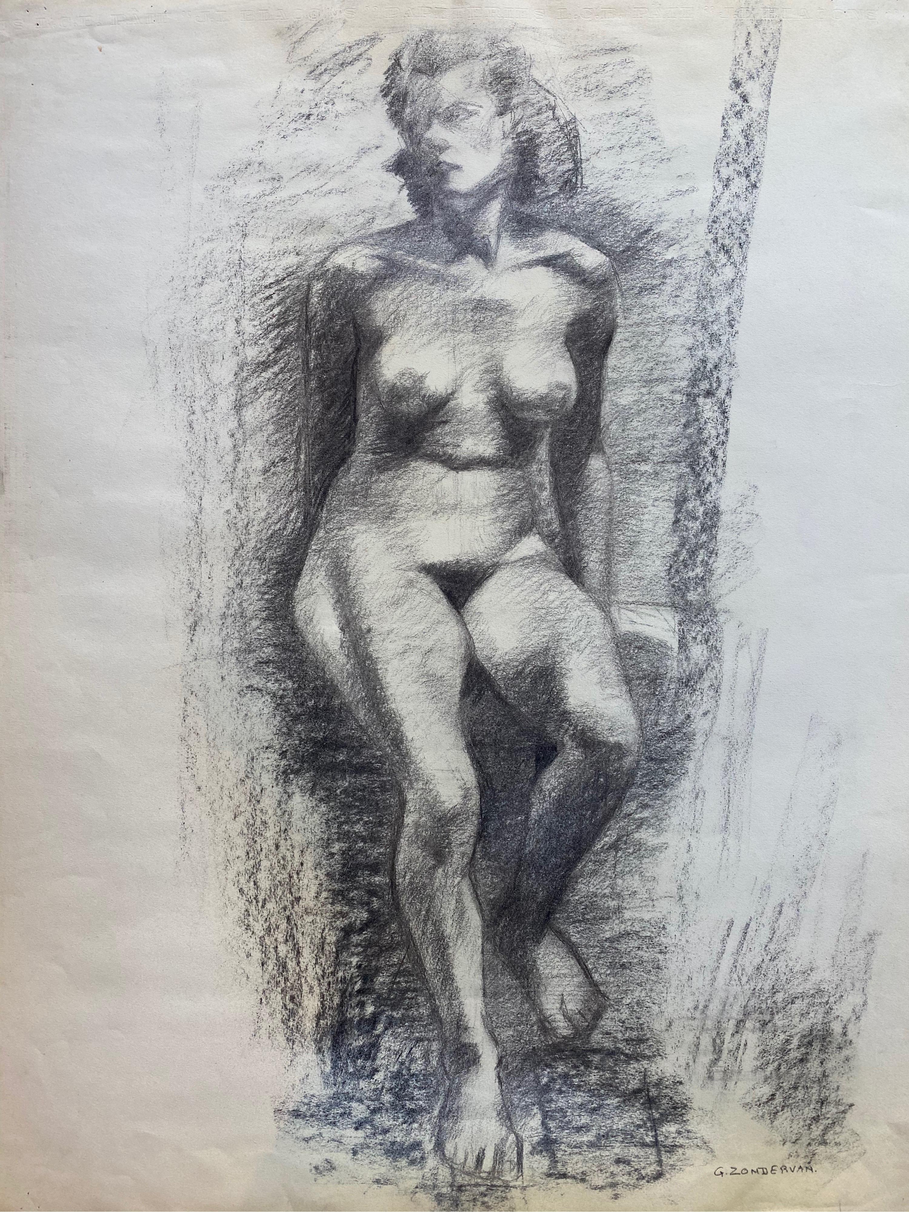 Mid 20th Century French Charcoal Drawing, Portrait of a Standing Nude Women - Painting by Unknown