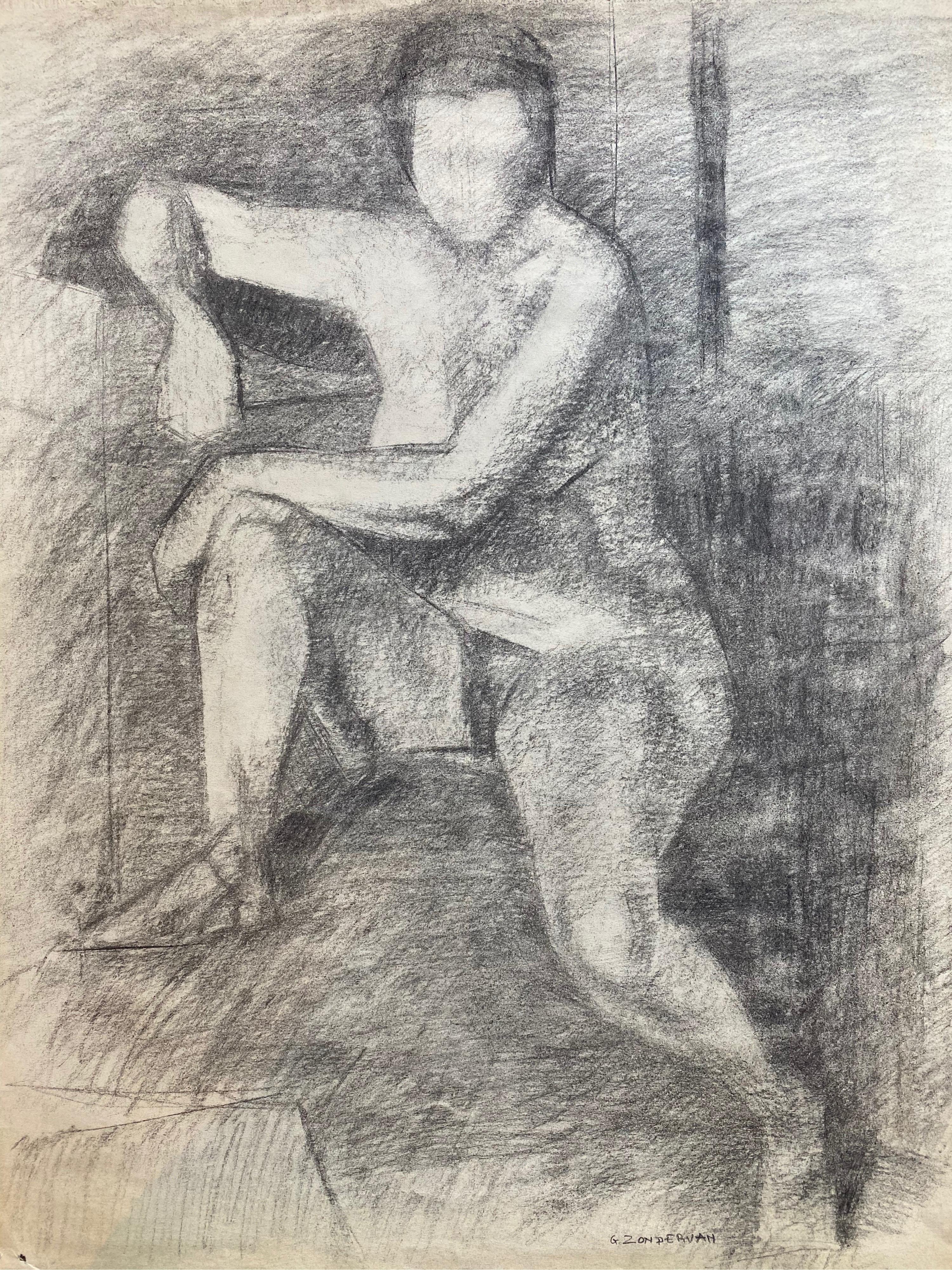 Dessin au fusain français du milieu du 20e siècle - Portrait d'une femme nue debout - Painting de Unknown