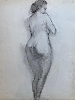 Dibujo al carboncillo francés de mediados del siglo XX - Retrato de mujer desnuda de pie