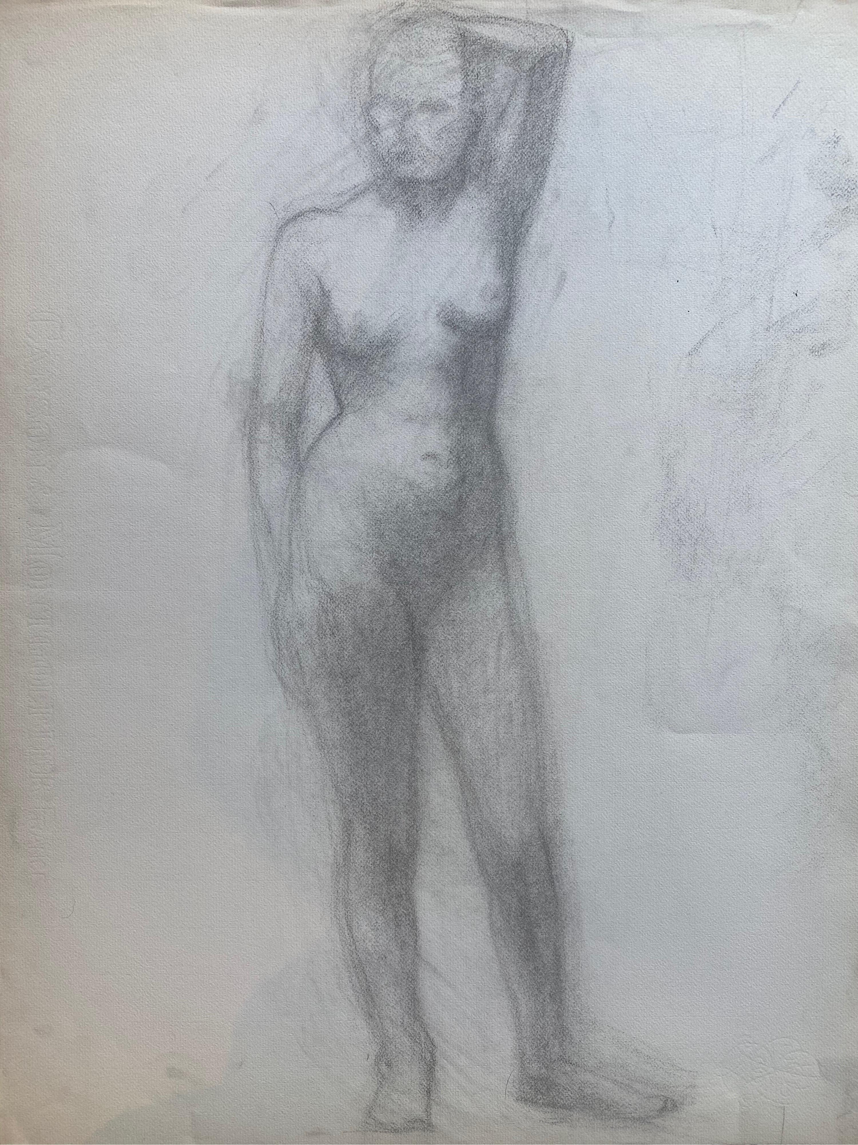 Mid-20th Century French Charcoal Drawing, Portrait of a Standing Nude Women - Painting by Unknown