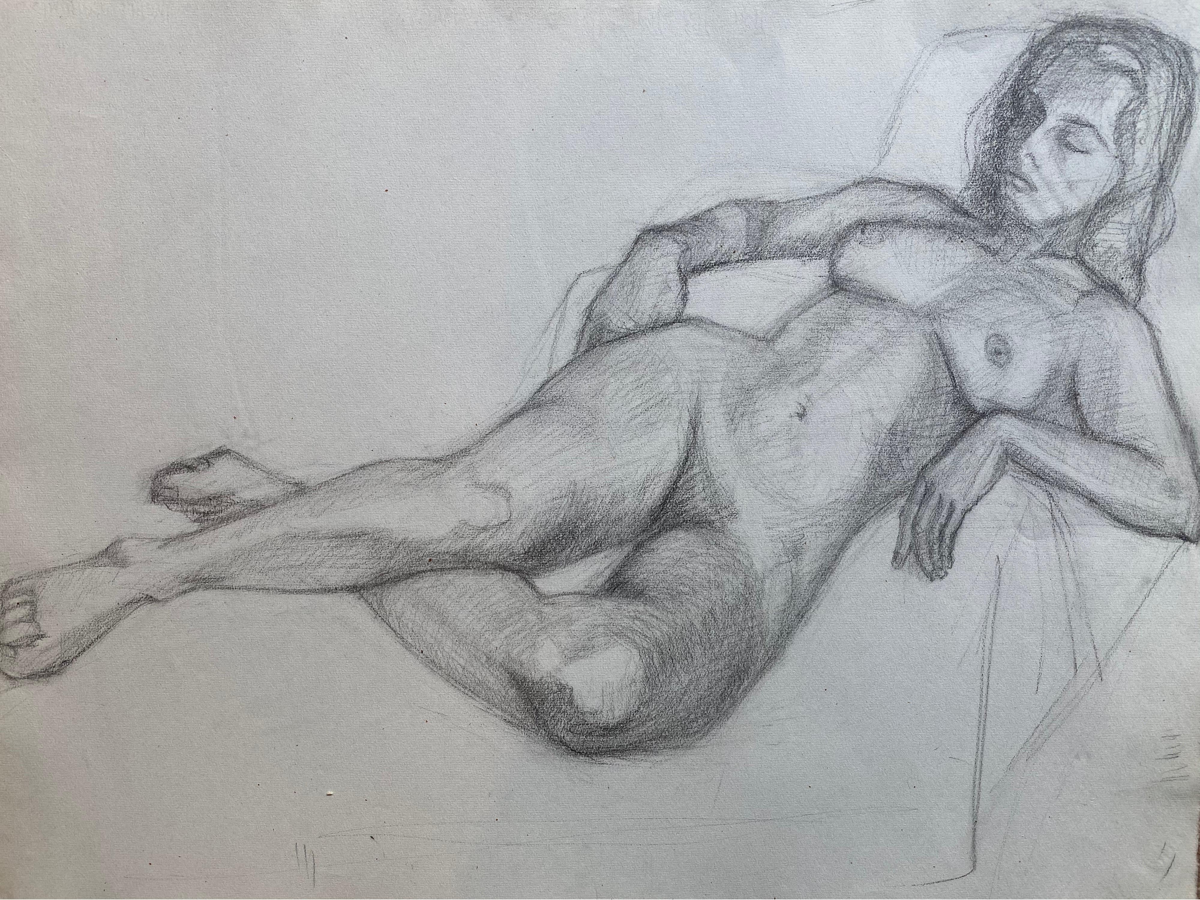 Dessin au fusain français du milieu du 20e siècle - Portrait d'une femme nue debout - Painting de Unknown