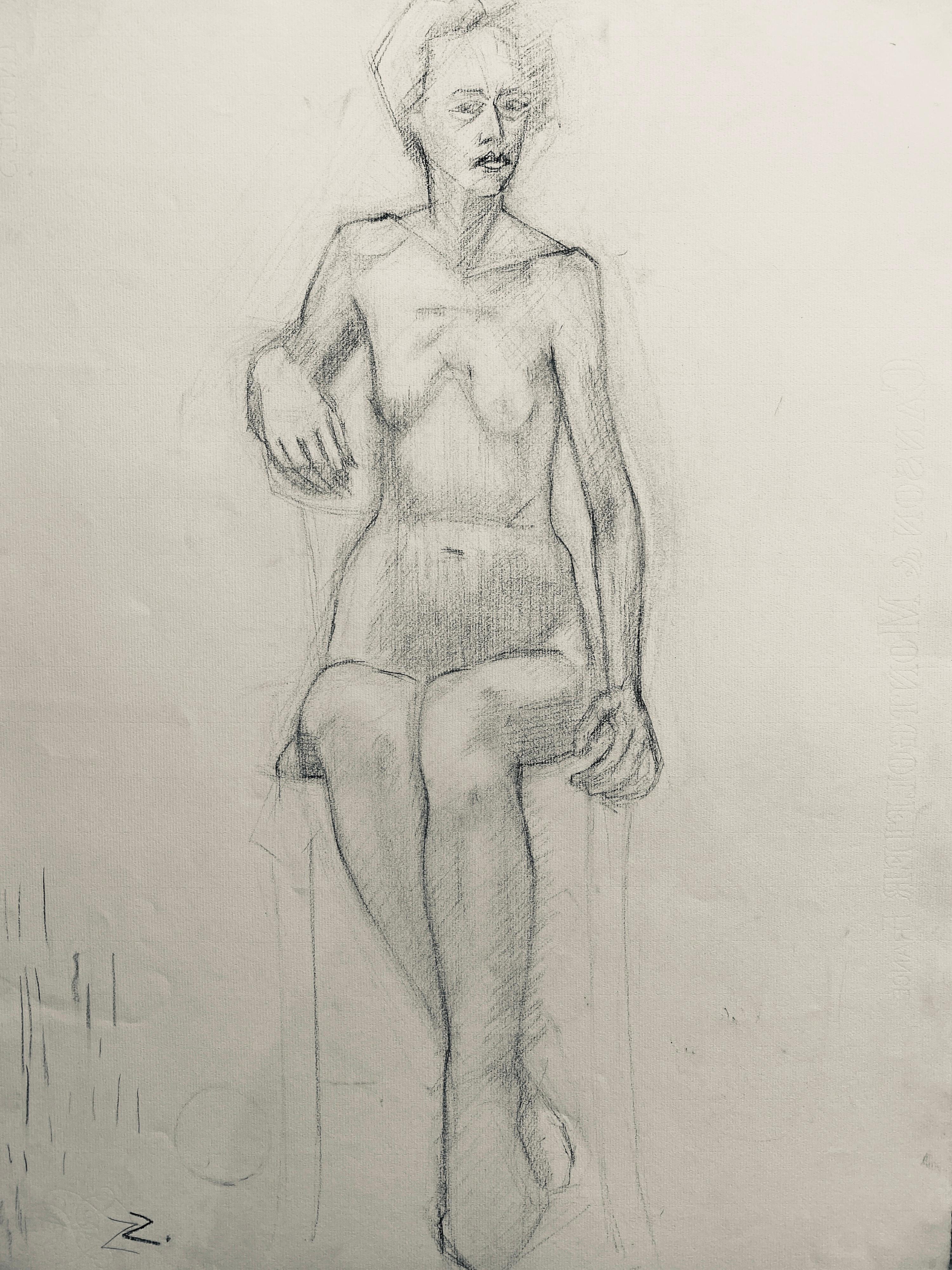 Dessin français au fusain du milieu du 20e siècle, portrait d'une femme nue debout - Painting de Unknown