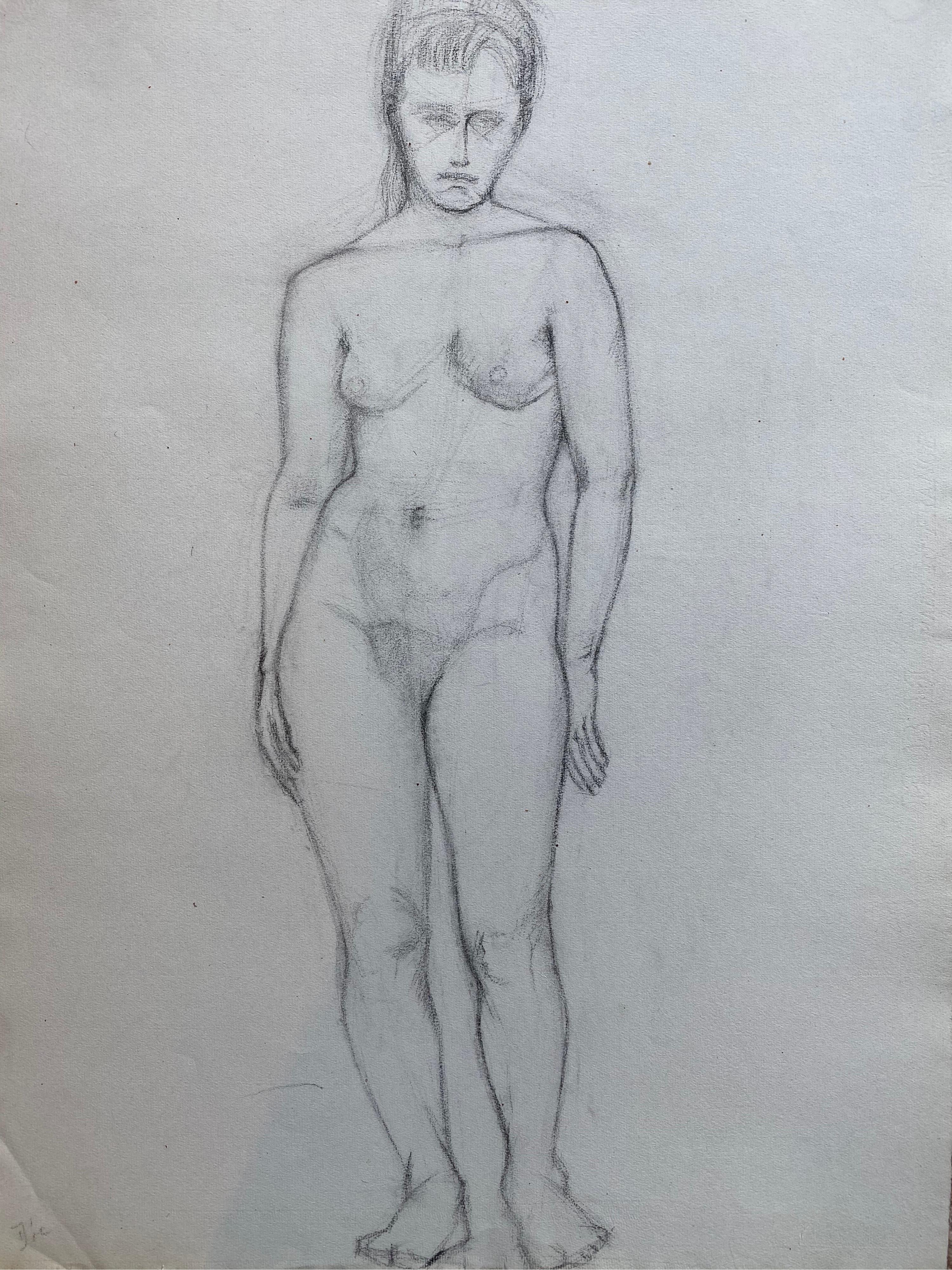 Dessin au fusain français du milieu du 20e siècle, Portrait d'une femme nue debout - Painting de Unknown