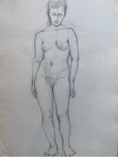 Dibujo a carboncillo francés de mediados del siglo XX, Retrato de mujer desnuda de pie