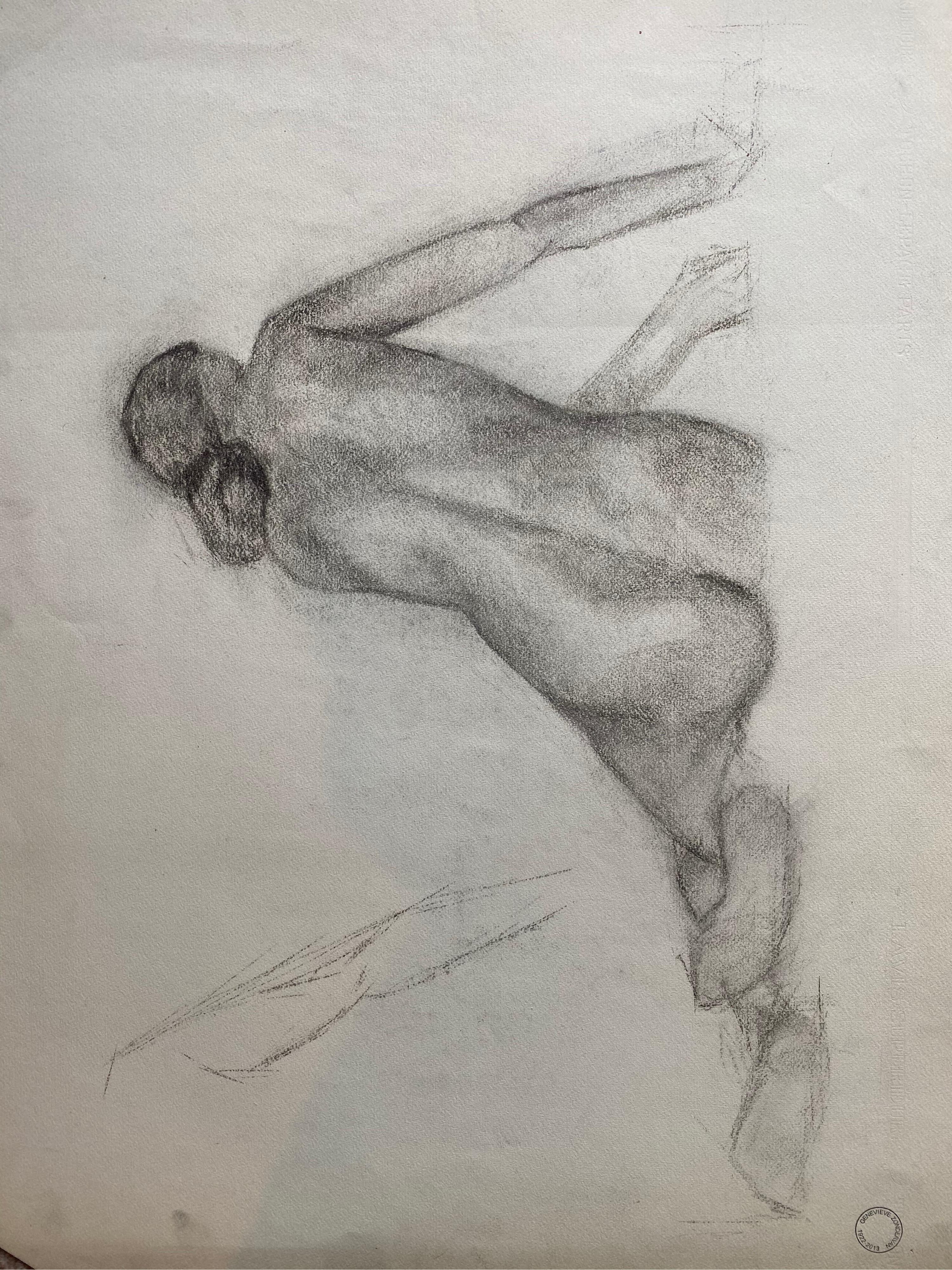 Dessin français au fusain du milieu du 20e siècle, portrait d'une femme nue debout - Gris Nude Painting par Unknown