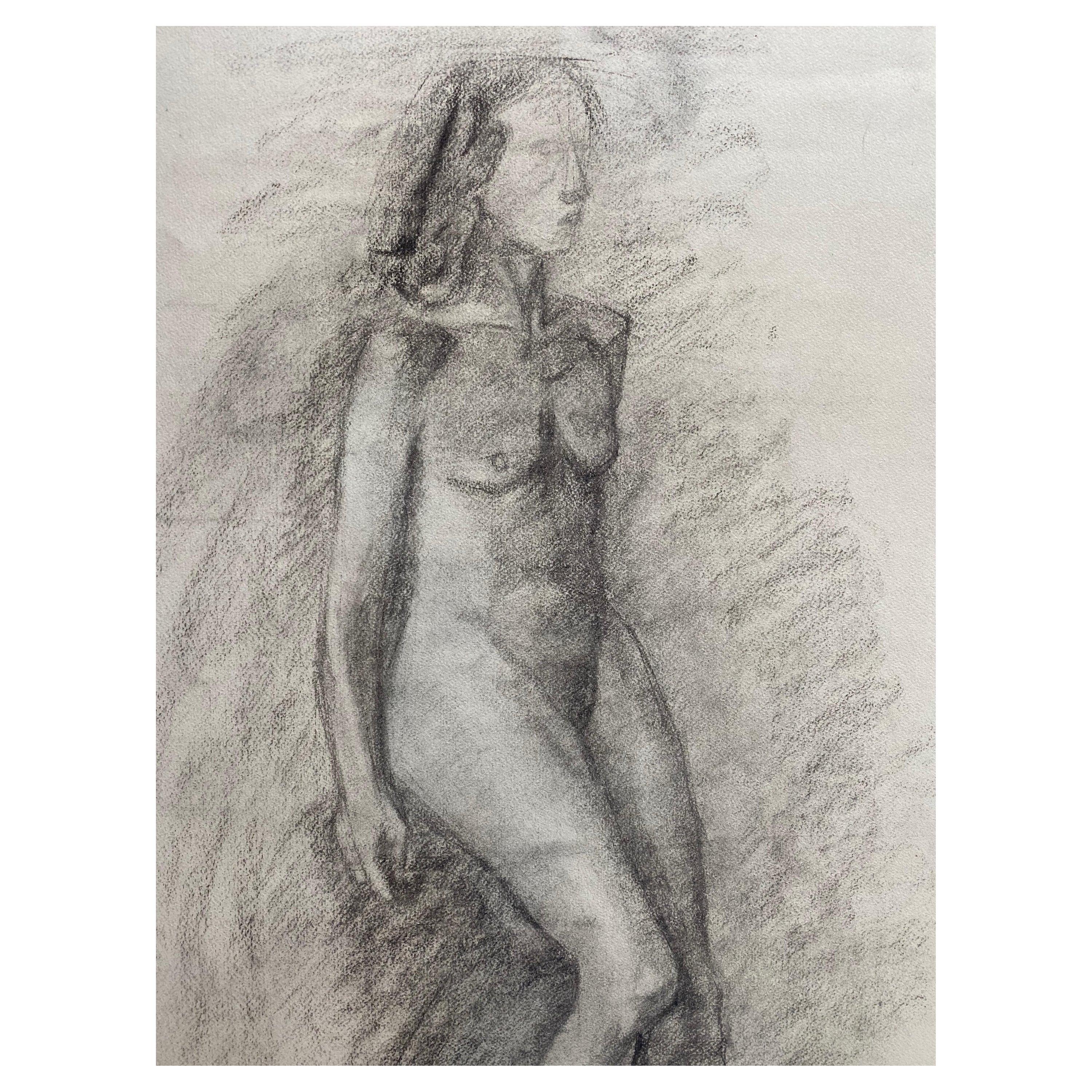Dessin français au fusain du milieu du 20e siècle, portrait d'une femme nue debout