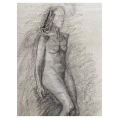 Dessin français au fusain du milieu du 20e siècle, portrait d'une femme nue debout