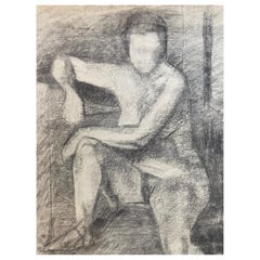 Dessin au fusain français du milieu du 20e siècle - Portrait d'une femme nue debout