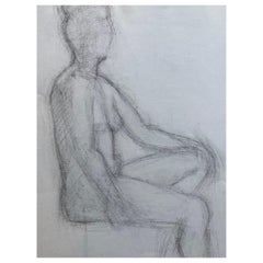 Dessin au fusain français du milieu du 20e siècle - Portrait d'une femme nue debout